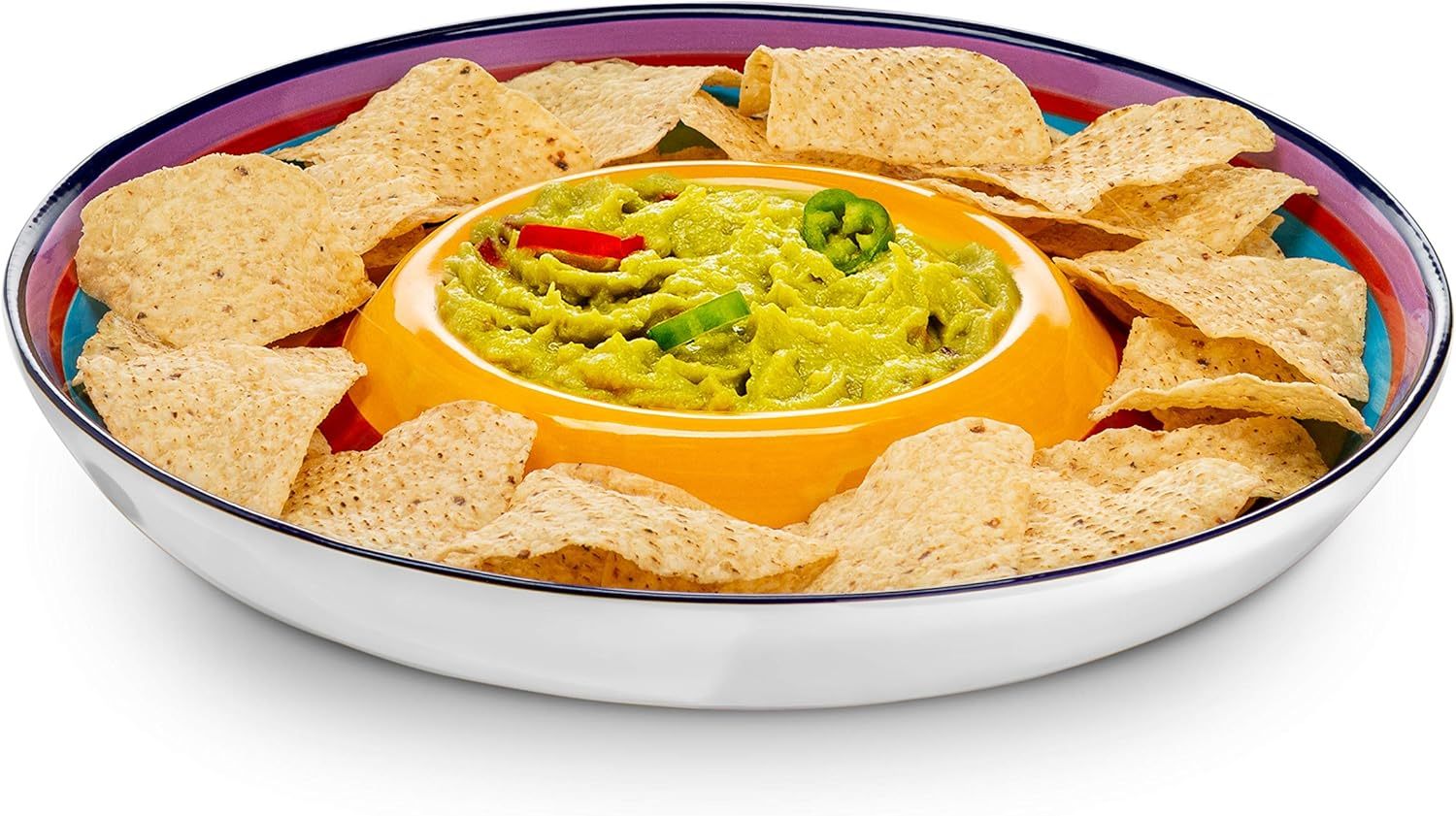 Ceramic Chip & Dip Platter, Large Divided Serving Dish for Parties, Round Tray for Snacks and Appetizers, with Bowl for Dips, Dishwasher Safe, Hand-painted, Multicolor, Tinga Collection, 13 Inch