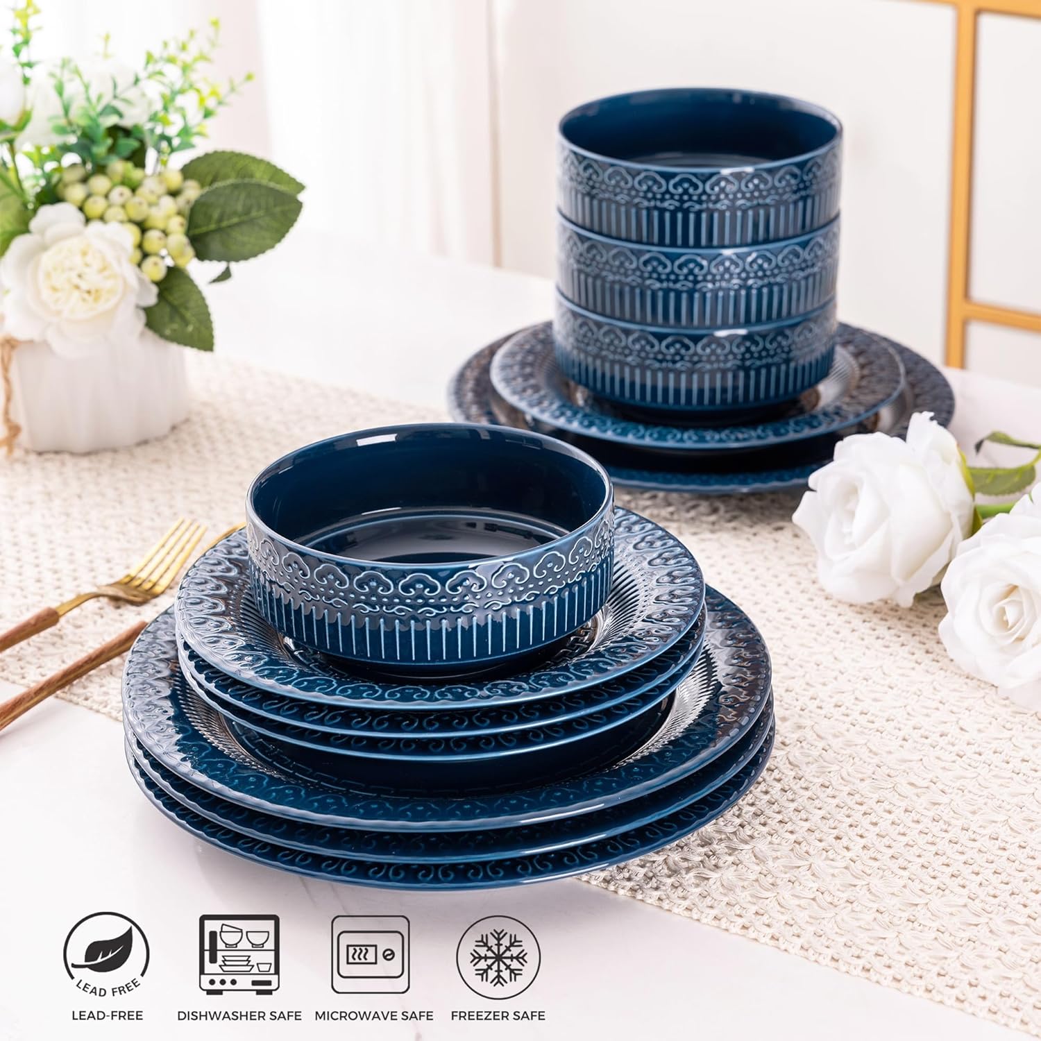 Ceramic Dinnerware Sets for 4, 12 Pieces Blue Plates and Bowls Set with Embossed Royal Pattern, Scratch Resistant Stoneware Dish Sets for Dinner, Dishwasher & Microwave Safe