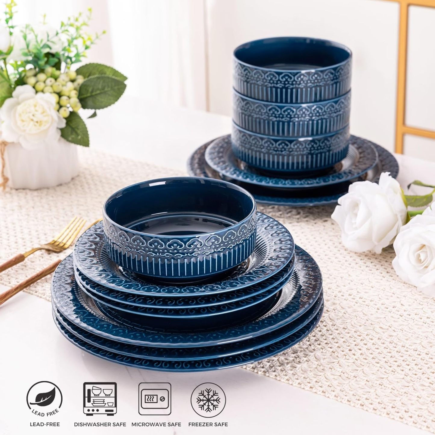 Ceramic Dinnerware Sets for 4, 12 Pieces Blue Plates and Bowls Set with Embossed Royal Pattern, Scratch Resistant Stoneware Dish Sets for Dinner, Dishwasher & Microwave Safe