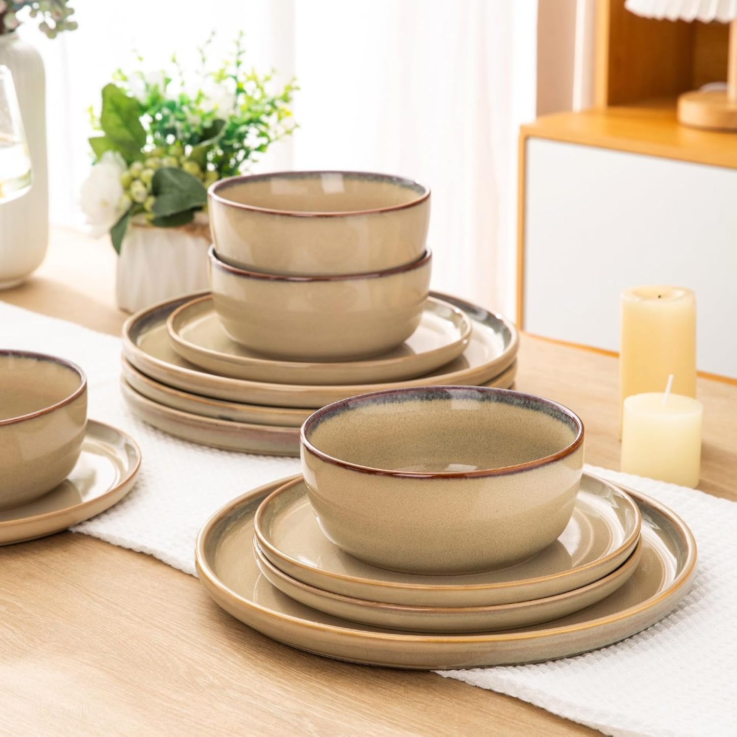 Stoneware Dinnerware Sets,Round Reactive Glaze Ceramic Plates and Bowls Sets,Highly Chip and Crack Resistant | Dishwasher & Microwave Safe Dishes,Service for 6 (18pc)