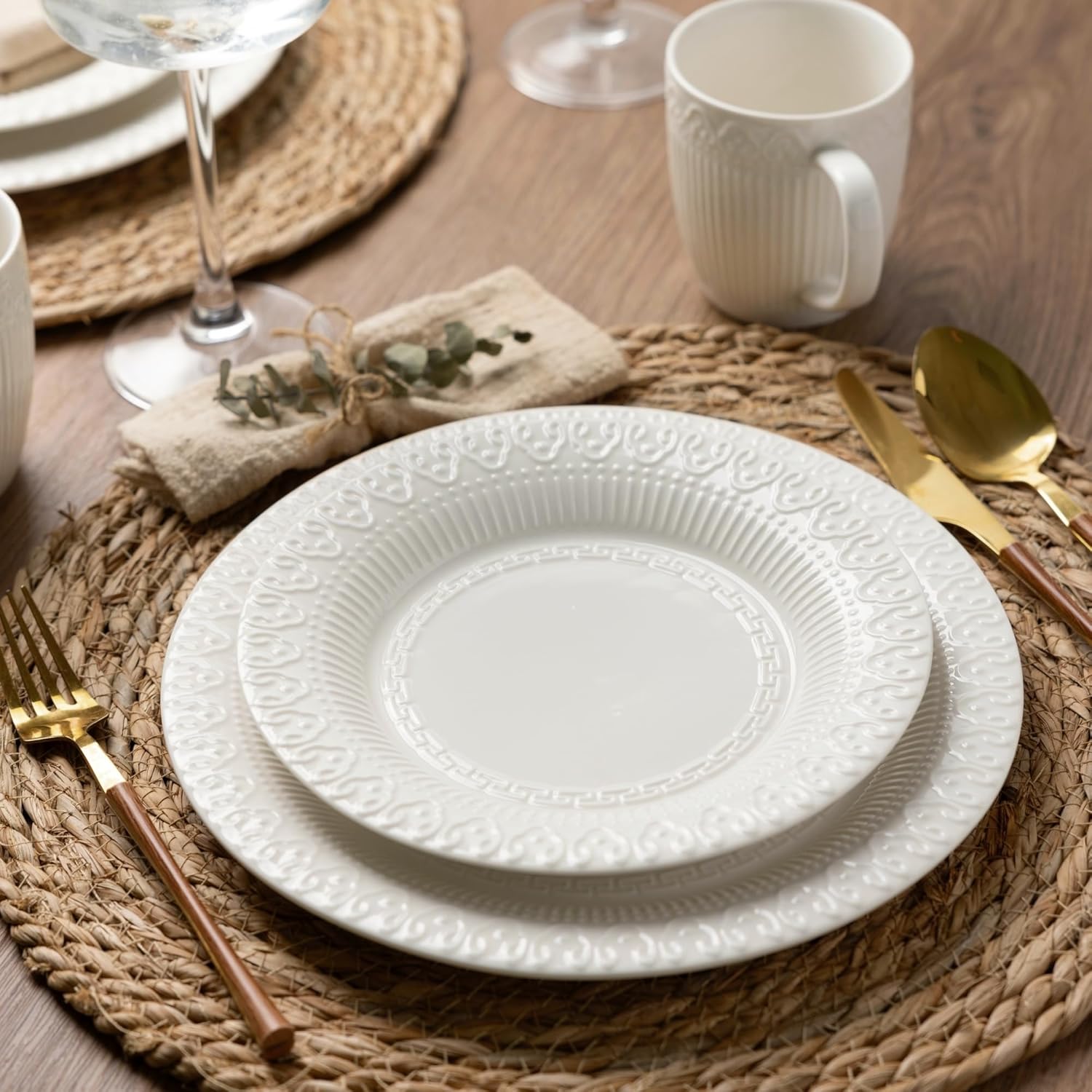 Ceramic Dinnerware Sets for 4, 12 Pieces Plates and Bowls Set with Embossed Royal Pattern, Scratch Resistant Stoneware Dish Sets for Dinner, Oven,Dishwasher & Microwave Safe