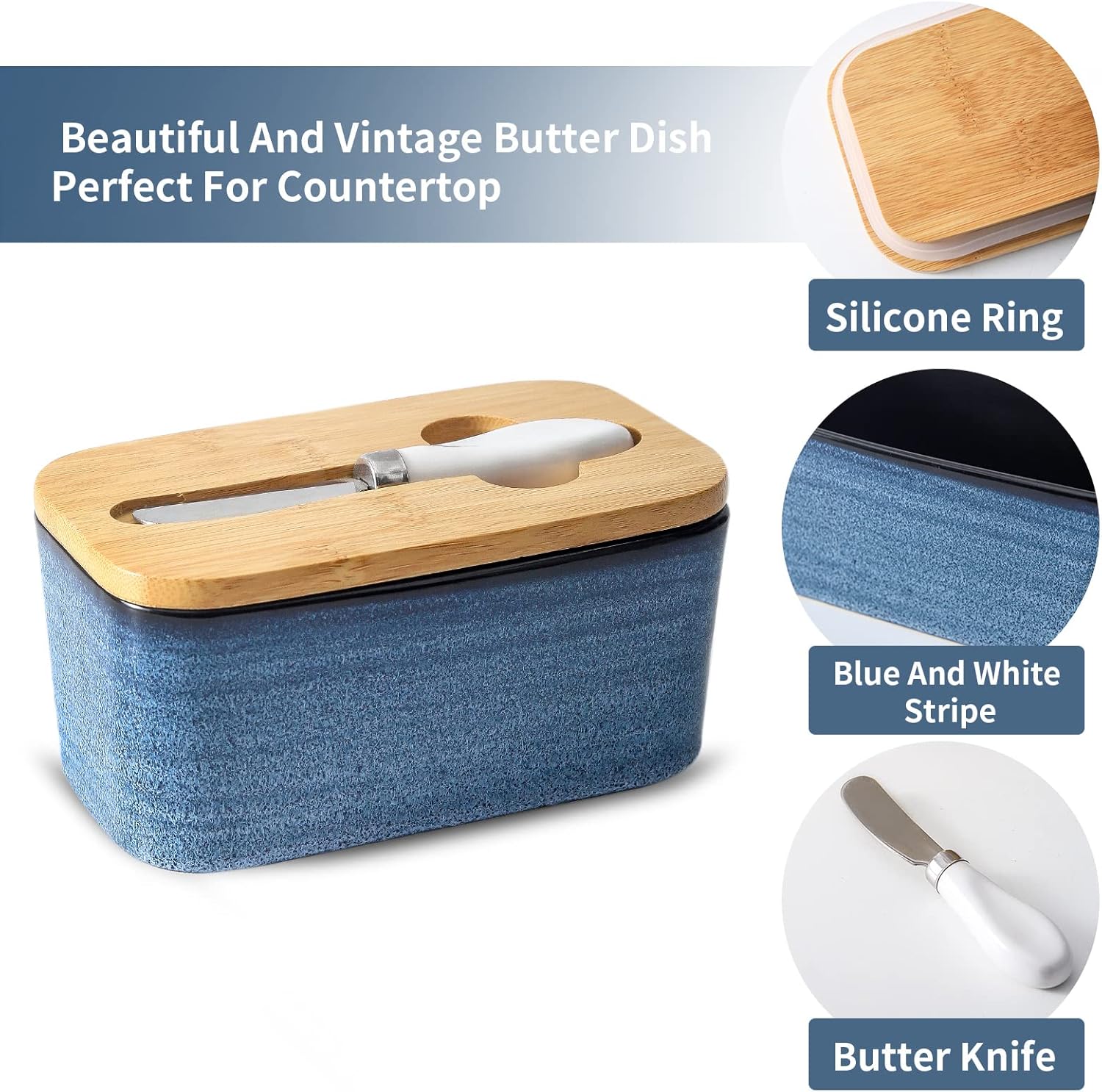Butter Dish with Lid for Countertop and Refrigerator, Large Ceramic Covered Butter Holder Keeper Container