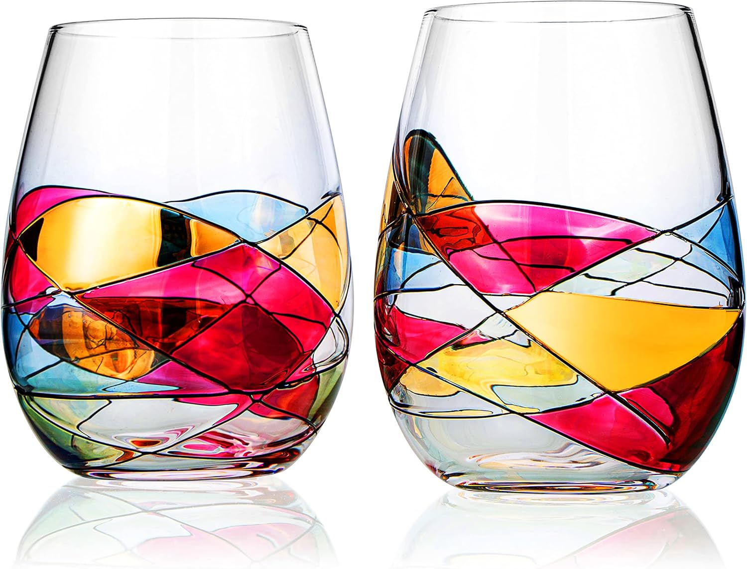 Artisanal Hand Painted Stemless Wine Glasses - Renaissance Romantic Stain-glassed Windows 2 Set