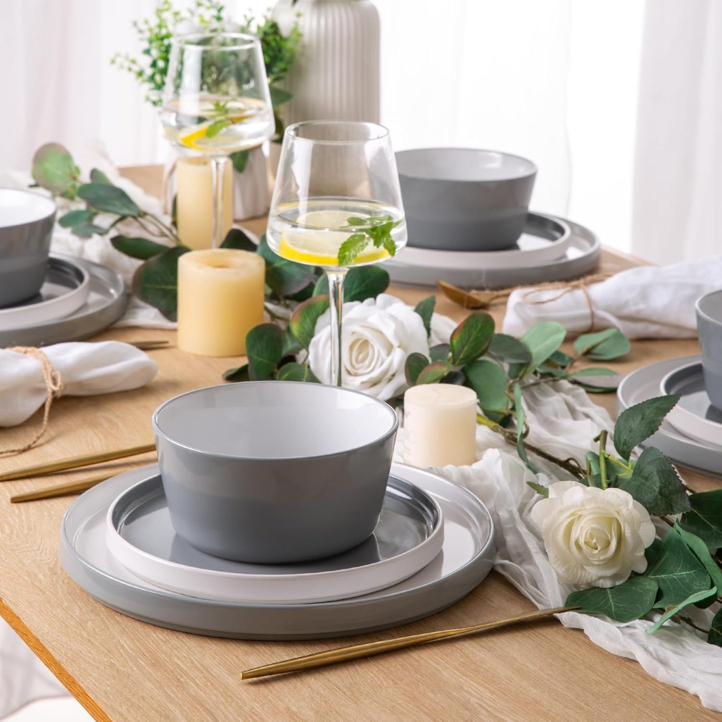 Dinnerware Sets for 4, 12 Piece Stoneware Plates and Bowls Set, Chip and Crack Resistant Plates Set, Dishwasher & Microwave Safe Ceramic Dishes Set - (Grey and White, Service for 4)