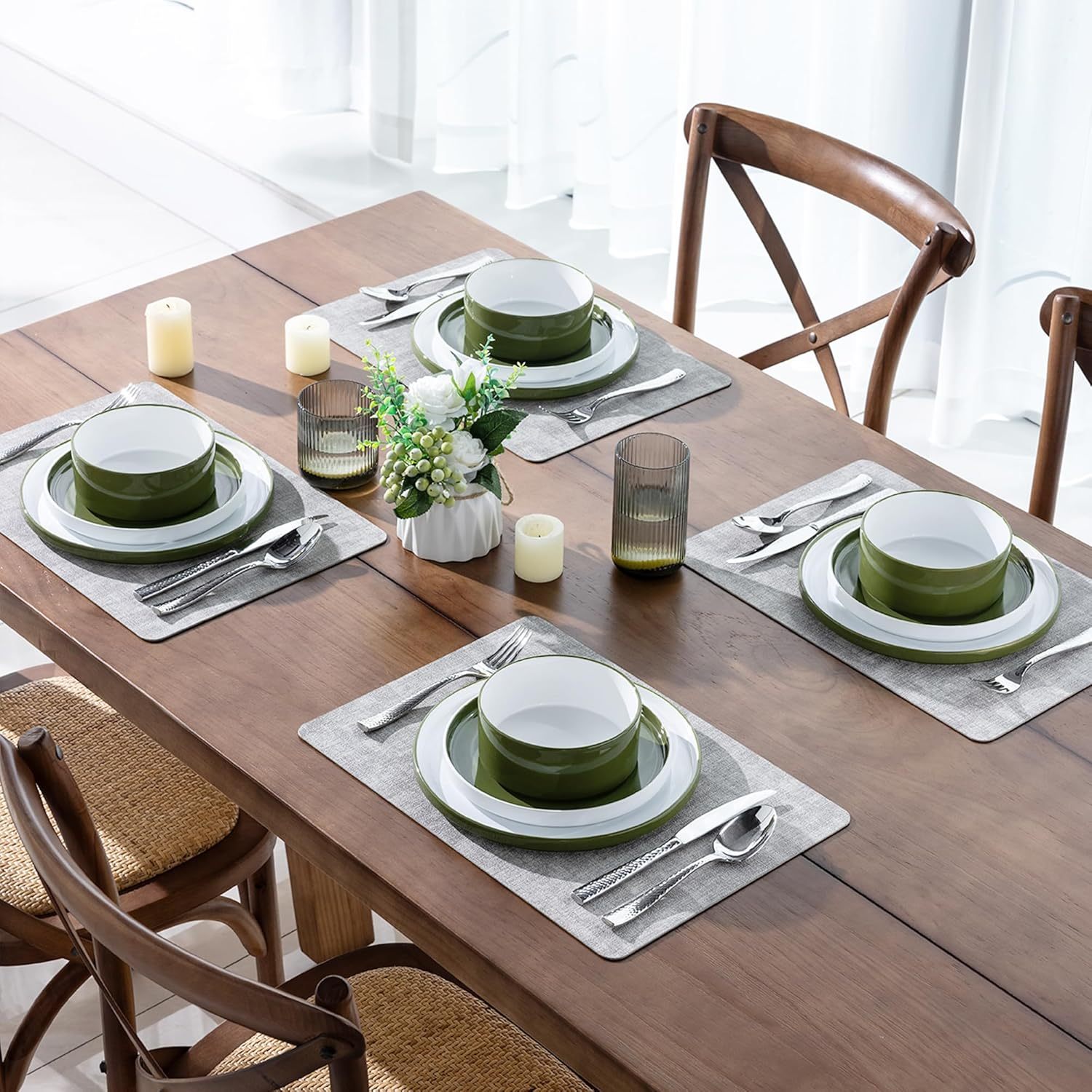 Ceramic Dinnerware Sets for 4, Modern Stoneware Plates and Bowls Sets,Chip and Crack Resistant | Dishwasher & Microwave Safe Ceramic Dishes Set,Service for 4 (12pc)-White&Green