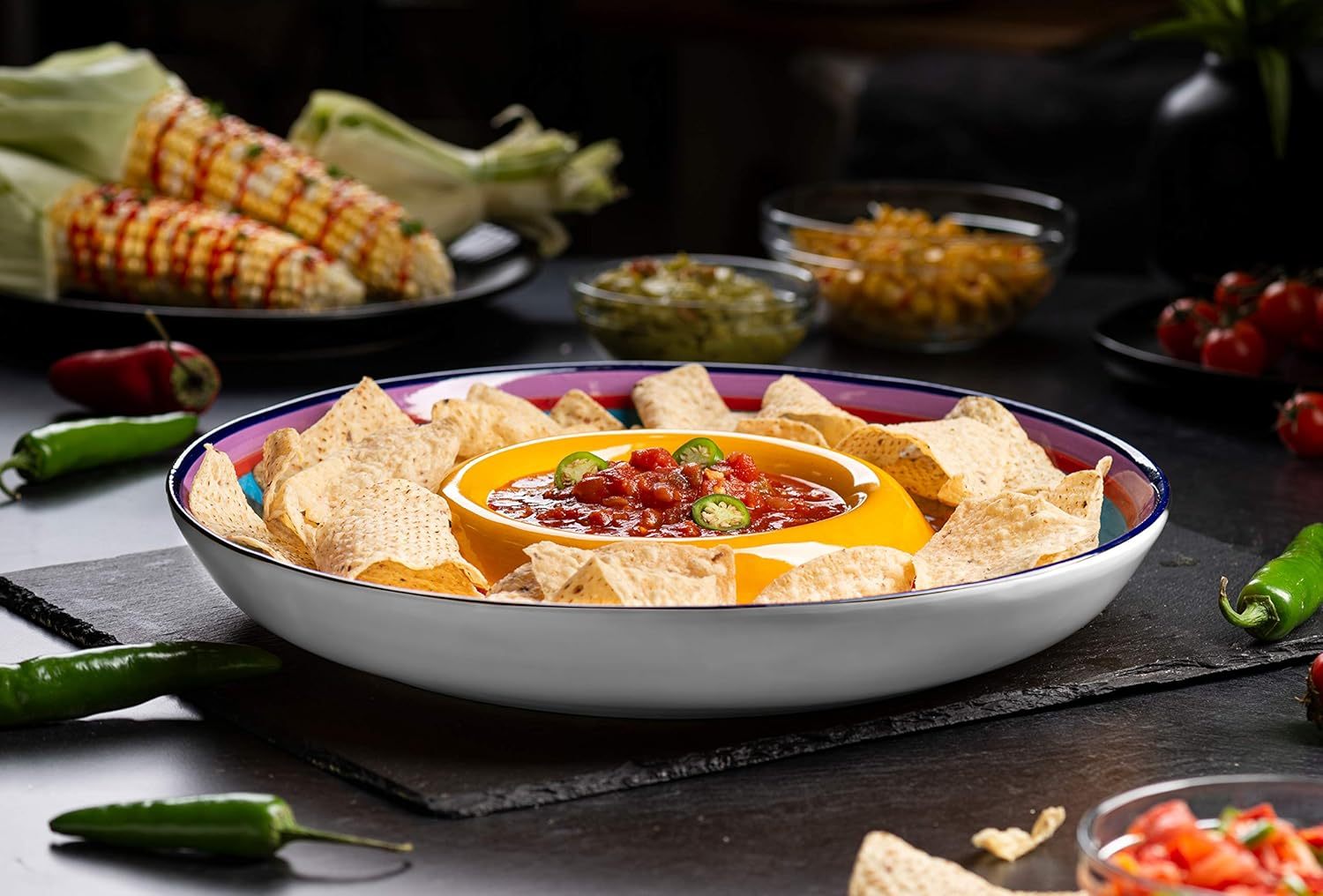 Ceramic Chip & Dip Platter, Large Divided Serving Dish for Parties, Round Tray for Snacks and Appetizers, with Bowl for Dips, Dishwasher Safe, Hand-painted, Multicolor, Tinga Collection, 13 Inch
