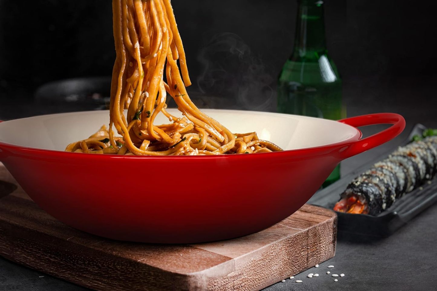 Stir Fry Bowl, Wok Dish, Classic Thai, Ceramic Mini Wok, Stoneware Serving Bowls, For Soups and Pastas, Oven, Dishwasher and Microwave Safe, Cherry Red, 40 oz, Set of 2