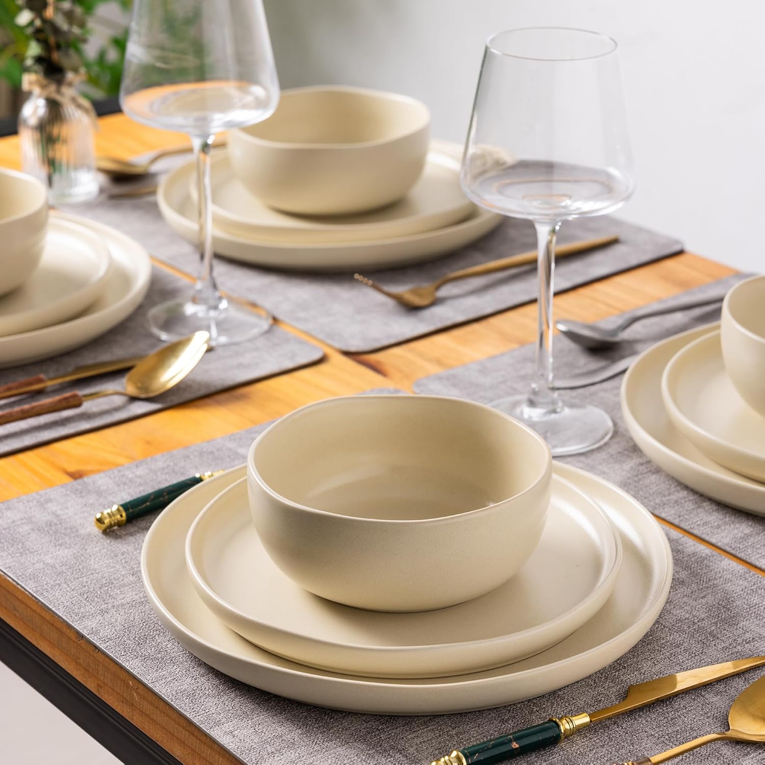 Stoneware Dinnerware Sets, Wavy Rim Ceramic Plates and Bowls Sets, Highly Chip and Crack Resistant | Dishwasher & Microwave & Oven Safe Dishes set, Service for 4 (12pc)