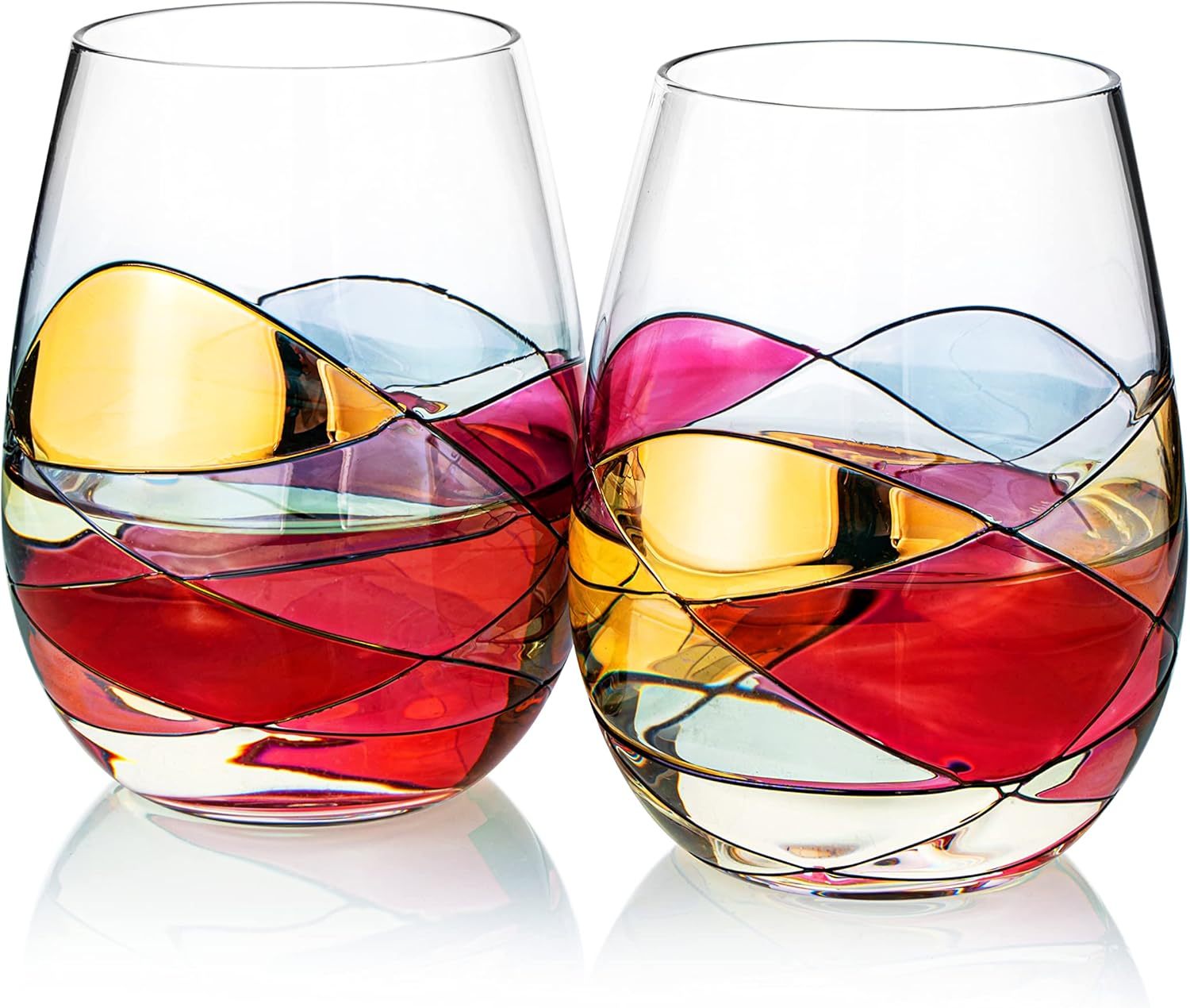 Artisanal Hand Painted Stemless Wine Glasses - Renaissance Romantic Stain-glassed Windows 2 Set