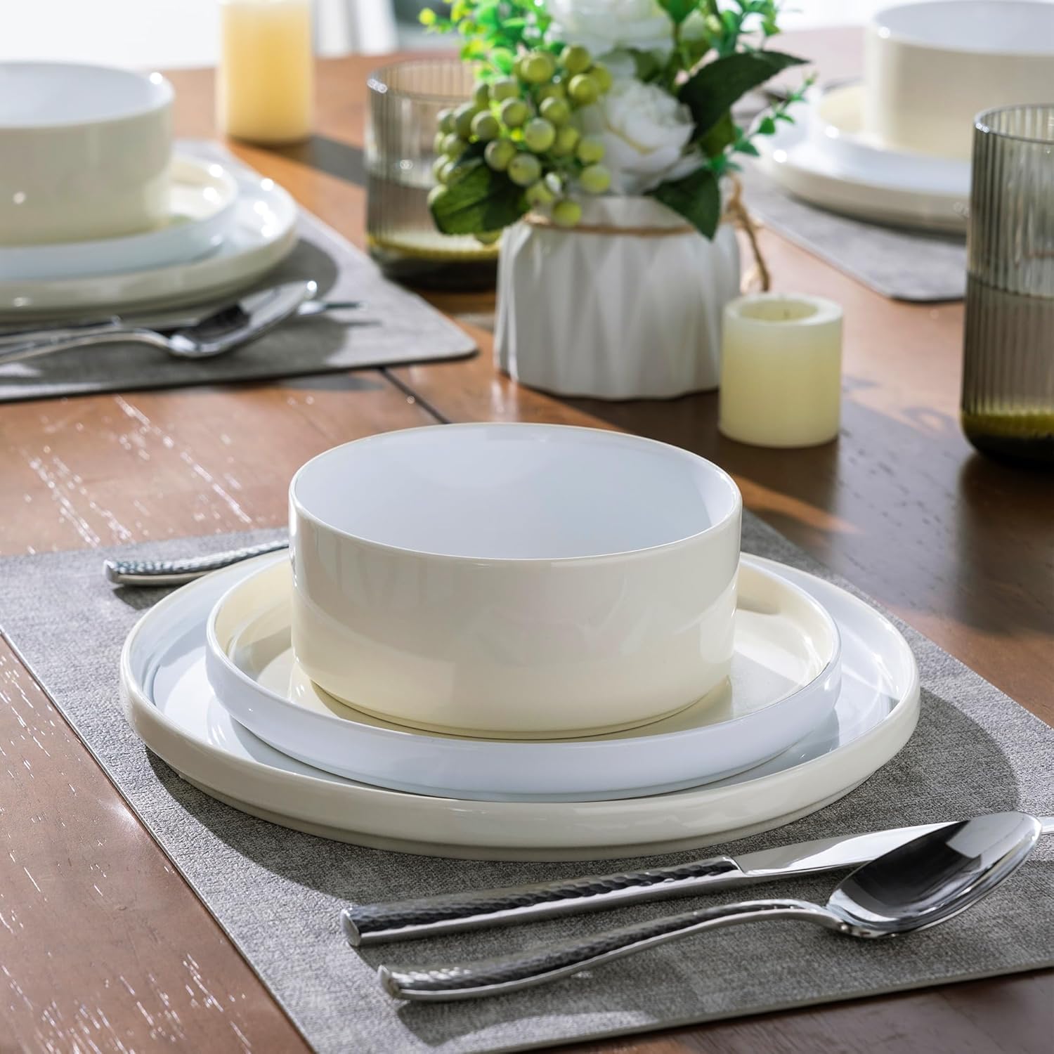 Ceramic Dinnerware Sets for 4, Modern Stoneware Plates and Bowls Sets,Chip and Crack Resistant | Dishwasher & Microwave Safe Ceramic Dishes Set,Service for 4 (12pc)-White&Beige