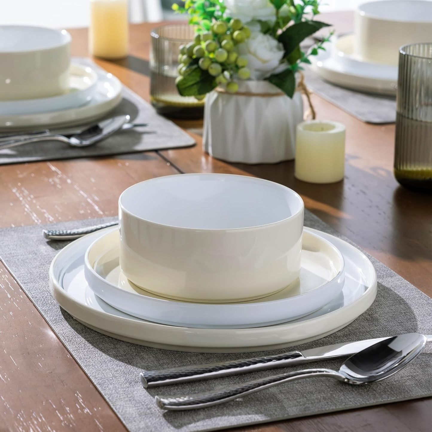Ceramic Dinnerware Sets for 4, Modern Stoneware Plates and Bowls Sets,Chip and Crack Resistant | Dishwasher & Microwave Safe Ceramic Dishes Set,Service for 4 (12pc)-White&Beige