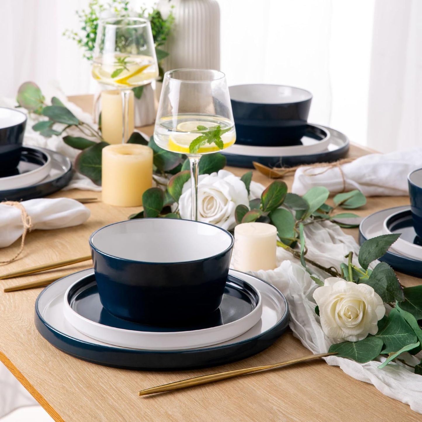 Dinnerware Sets for 4, 12 Piece Stoneware Plates and Bowls Set, Chip and Crack Resistant Plates Set, Dishwasher & Microwave Safe Ceramic Dishes Set - (Blue and White, Service for 4)