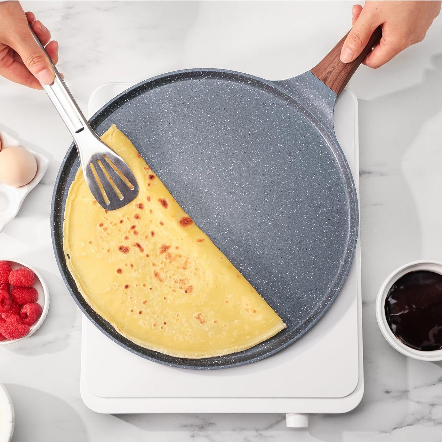 Nonstick Crepe Pan, Swiss Granite Coating Dosa Pan Pancake Flat Skillet Tawa Griddle 10-Inch with Stay-Cool Handle, Induction Compatible, PFOA Free