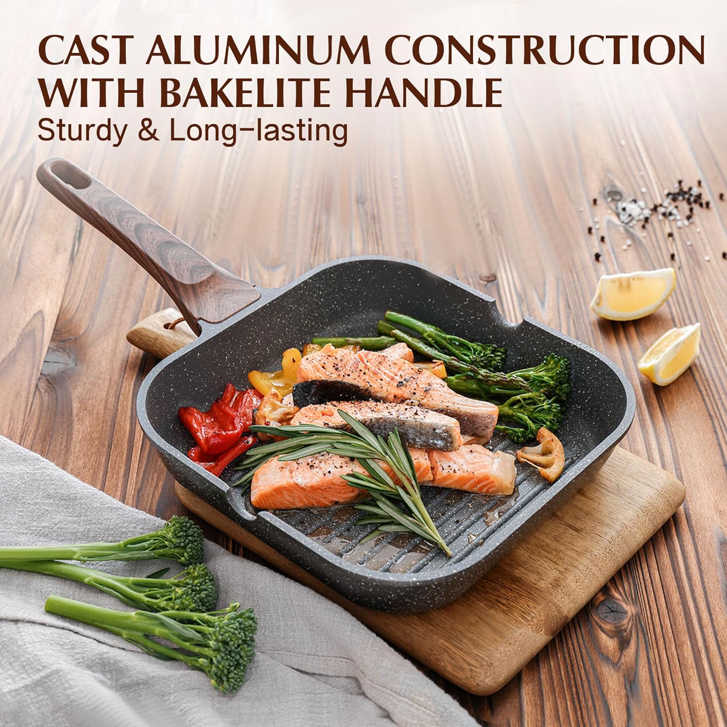 Nonstick Grill Pan for Stove Tops, Versatile Griddle with Pour Spouts, Square Big Cooking Surface, Durable Skillet Indoor & Outdoor Grilling. PFOA Free,12Inch