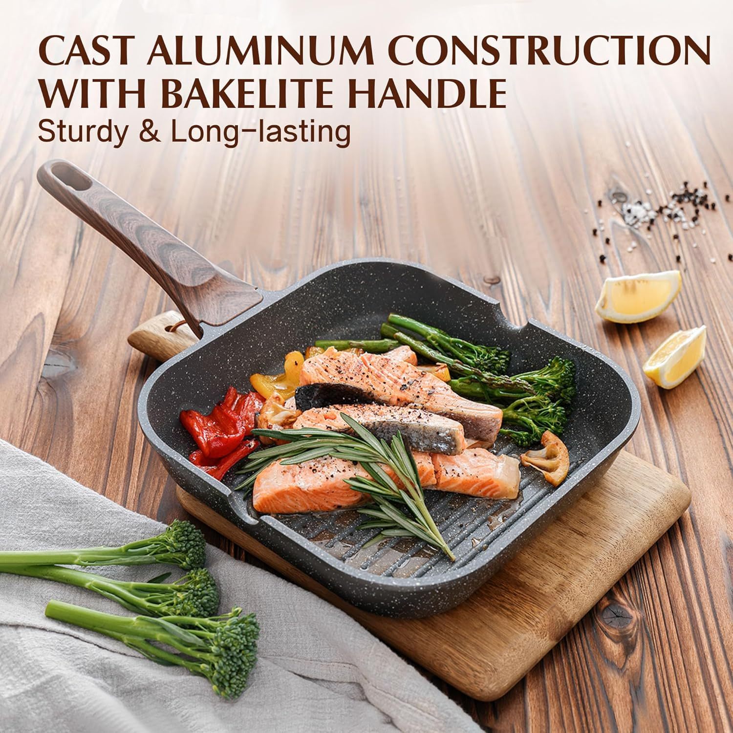 Nonstick Grill Pan for Stove Tops, Versatile Griddle with Pour Spouts, Square Big Cooking Surface, Durable Skillet Indoor & Outdoor Grilling. PFOA Free,12Inch