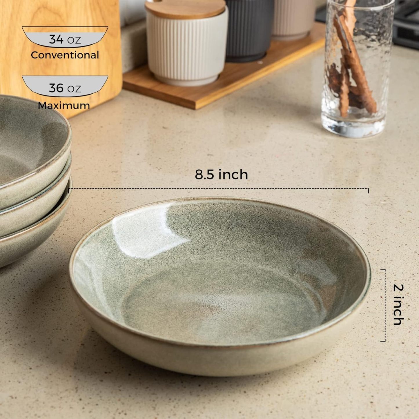 8.5'' Large Pasta Bowls, 36oz Stoneware Pasta Serving Bowls Set of 4 for Kitchen, Wide Bowls for Pasta,Salad,Oatmeal, Microwave Safe, Reactive Glaze