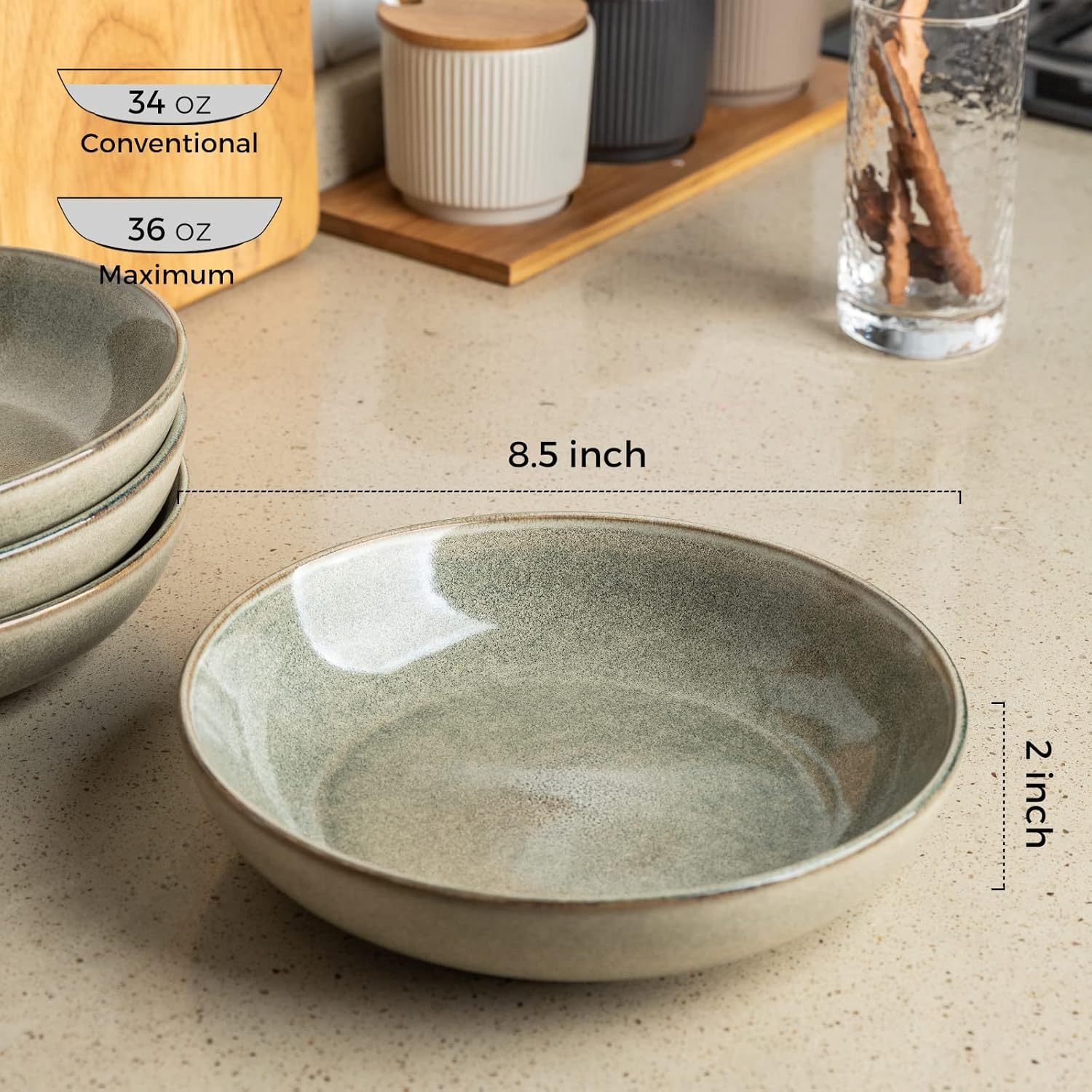 8.5'' Large Pasta Bowls, 36oz Stoneware Pasta Serving Bowls Set of 4 for Kitchen, Wide Bowls for Pasta,Salad,Oatmeal, Microwave Safe, Reactive Glaze