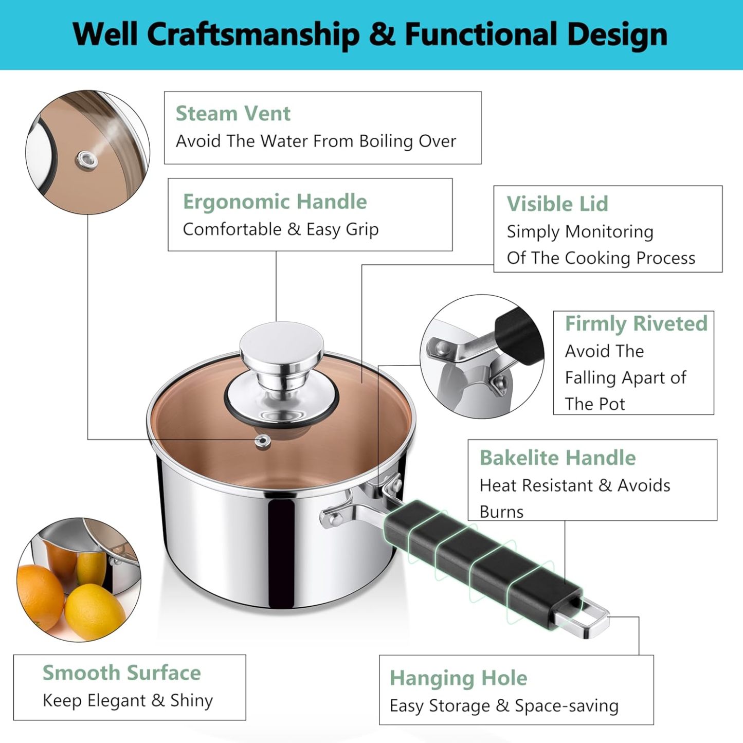 1QT & 2QT Stainless Steel Tri-Ply Milk Sauce Pan with Heatproof Handle for Cooking/Boiling/Braising, Fit for All Stoves