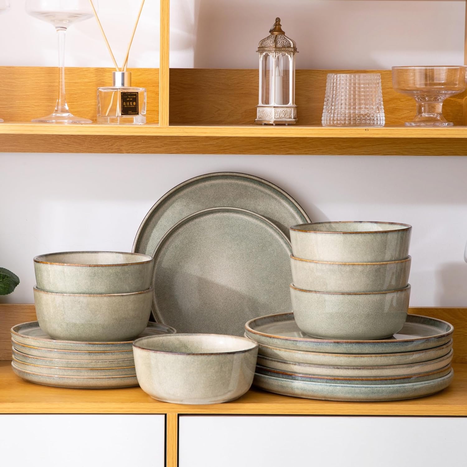 Stoneware Dinnerware Sets,Round Reactive Glaze Ceramic Plates and Bowls Sets,Highly Chip and Crack Resistant | Dishwasher & Microwave Safe,Service for 8 Dishes Set (24pc)