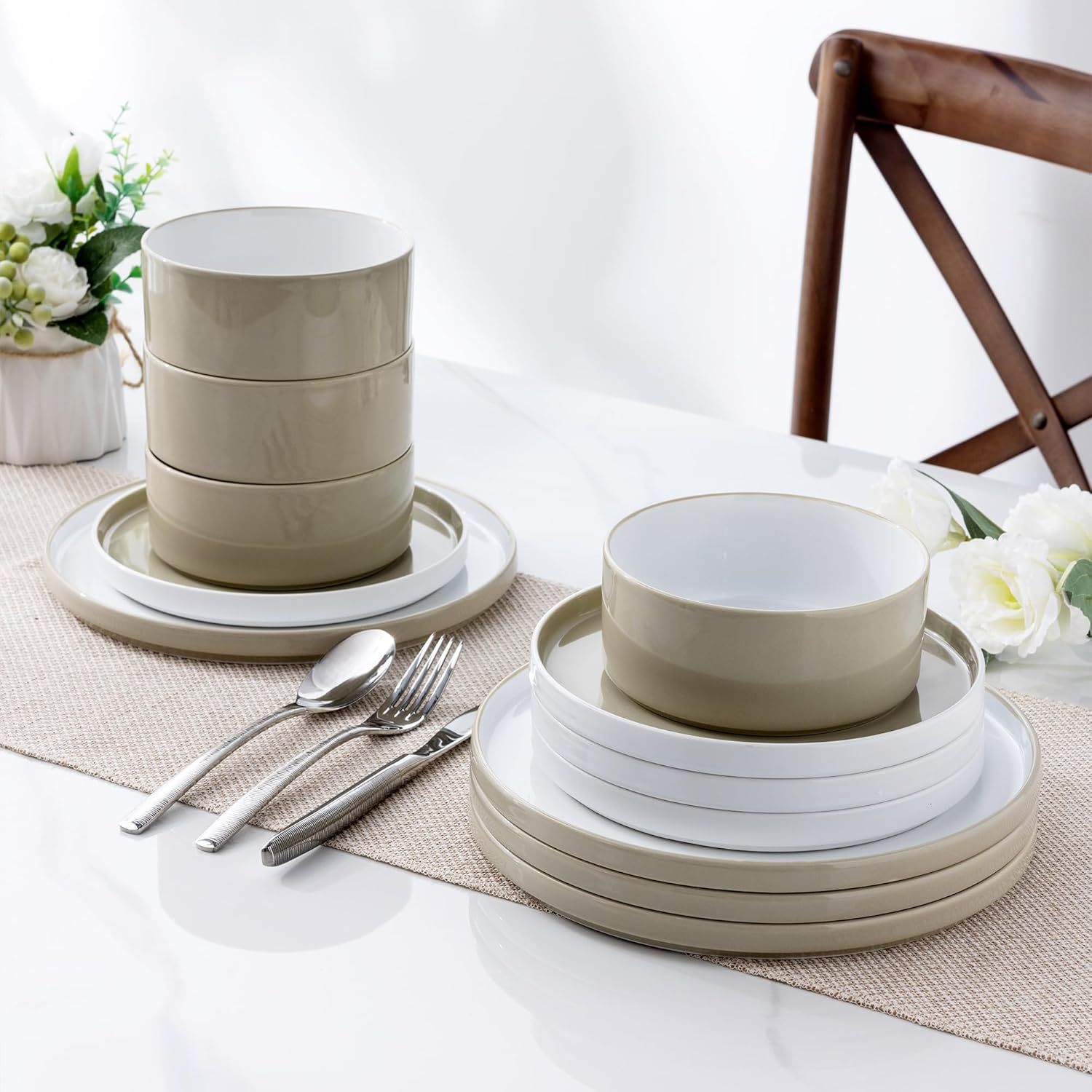 Ceramic Dinnerware Sets for 4, Modern Stoneware Plates and Bowls Sets,Chip and Crack Resistant | Dishwasher & Microwave Safe Ceramic Dishes Set,Service for 4 (12pc)-White&Khaki