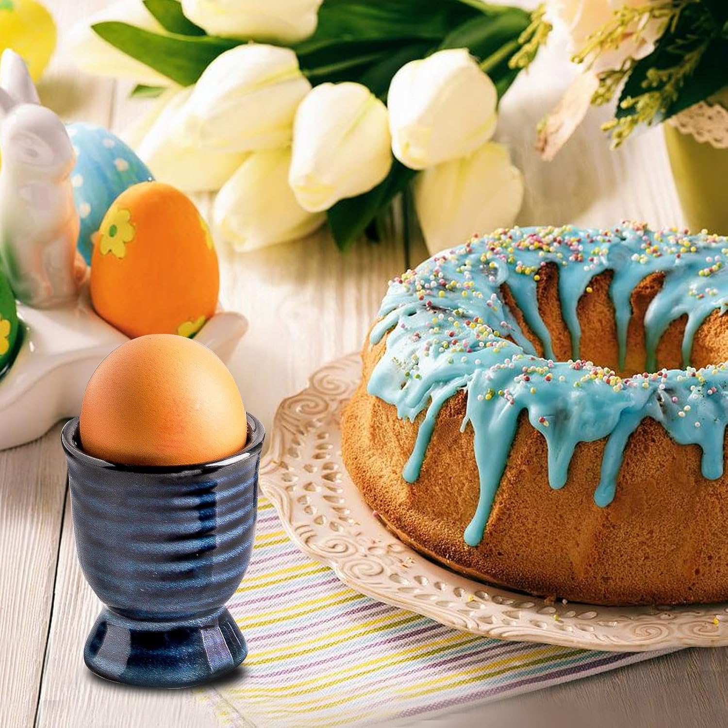 Ceramic Eggs Cups for Soft Boiled Eggs, Porcelain Egg Stand Holders for Hard Boiled Eggs for Breakfast Kitchen Decorative, Set of 2, Blue