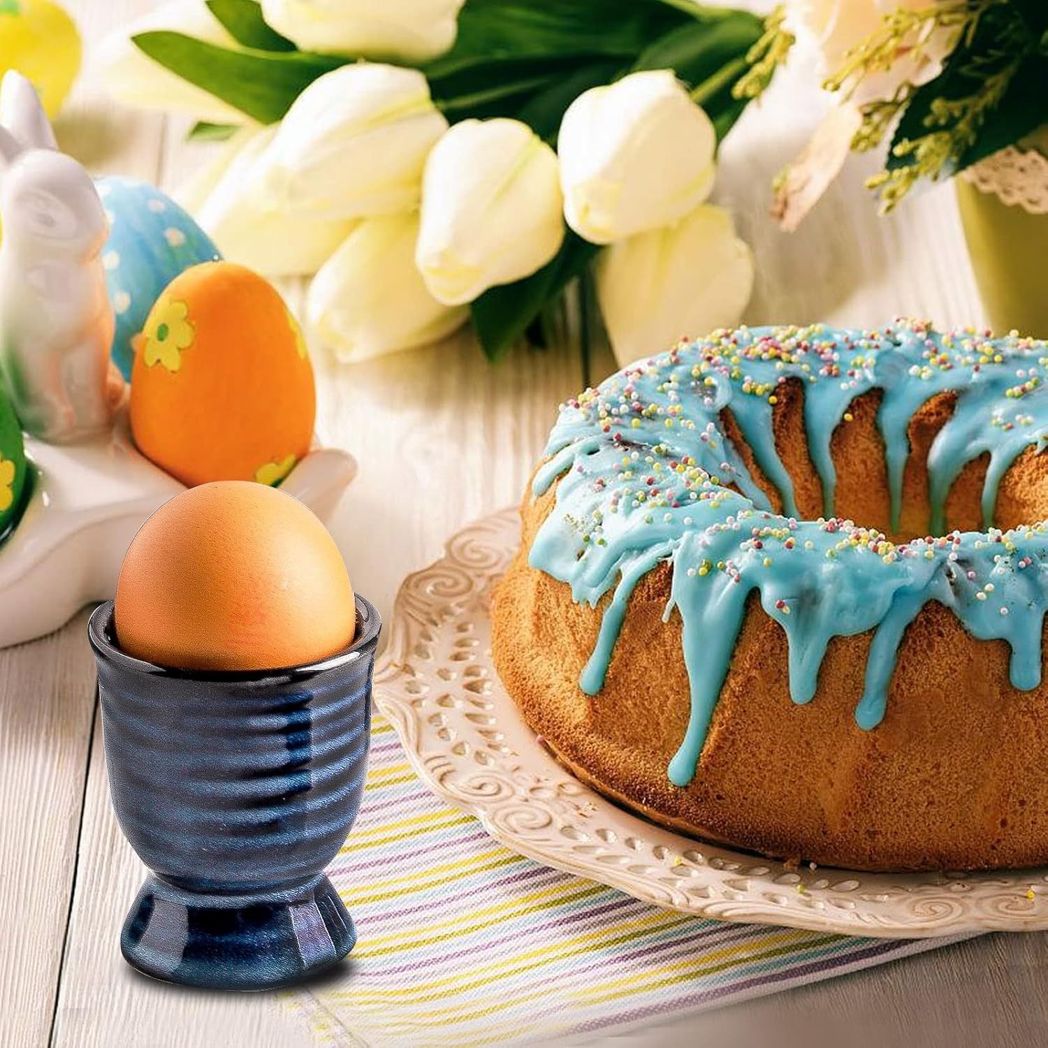 Ceramic Eggs Cups for Soft Boiled Eggs, Porcelain Egg Stand Holders for Hard Boiled Eggs for Breakfast Kitchen Decorative, Set of 2, Blue