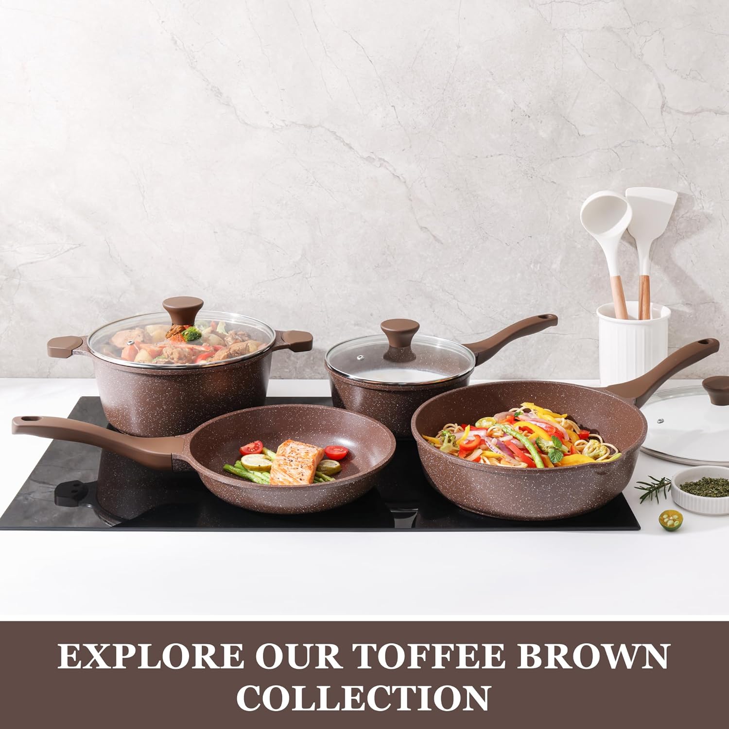 Nonstick Cookware Set 13-Piece, Healthy Pots and Pans Set Non-toxic Kitchen Cooking Set with Granite Coating, Stay-Cool Handles, Silicone Utensils and Pot Protectors, PFOA Free