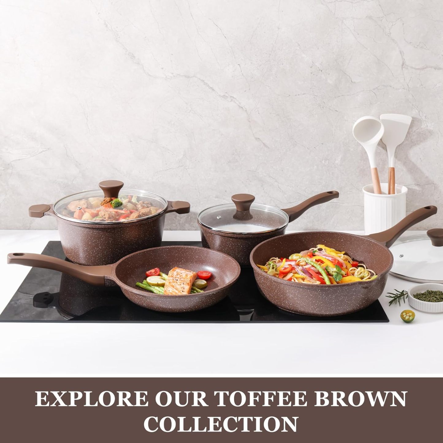 Nonstick Cookware Set 13-Piece, Healthy Pots and Pans Set Non-toxic Kitchen Cooking Set with Granite Coating, Stay-Cool Handles, Silicone Utensils and Pot Protectors, PFOA Free