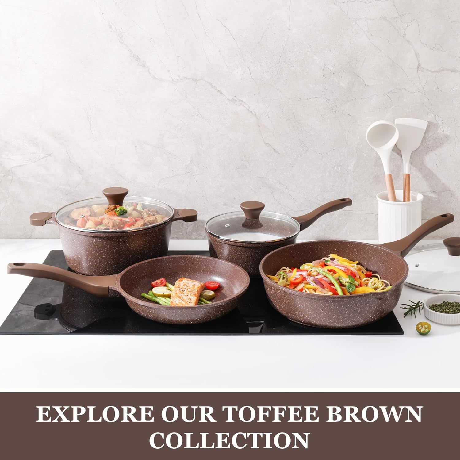 Nonstick Cookware Set 13-Piece, Healthy Pots and Pans Set Non-toxic Kitchen Cooking Set with Granite Coating, Stay-Cool Handles, Silicone Utensils and Pot Protectors, PFOA Free