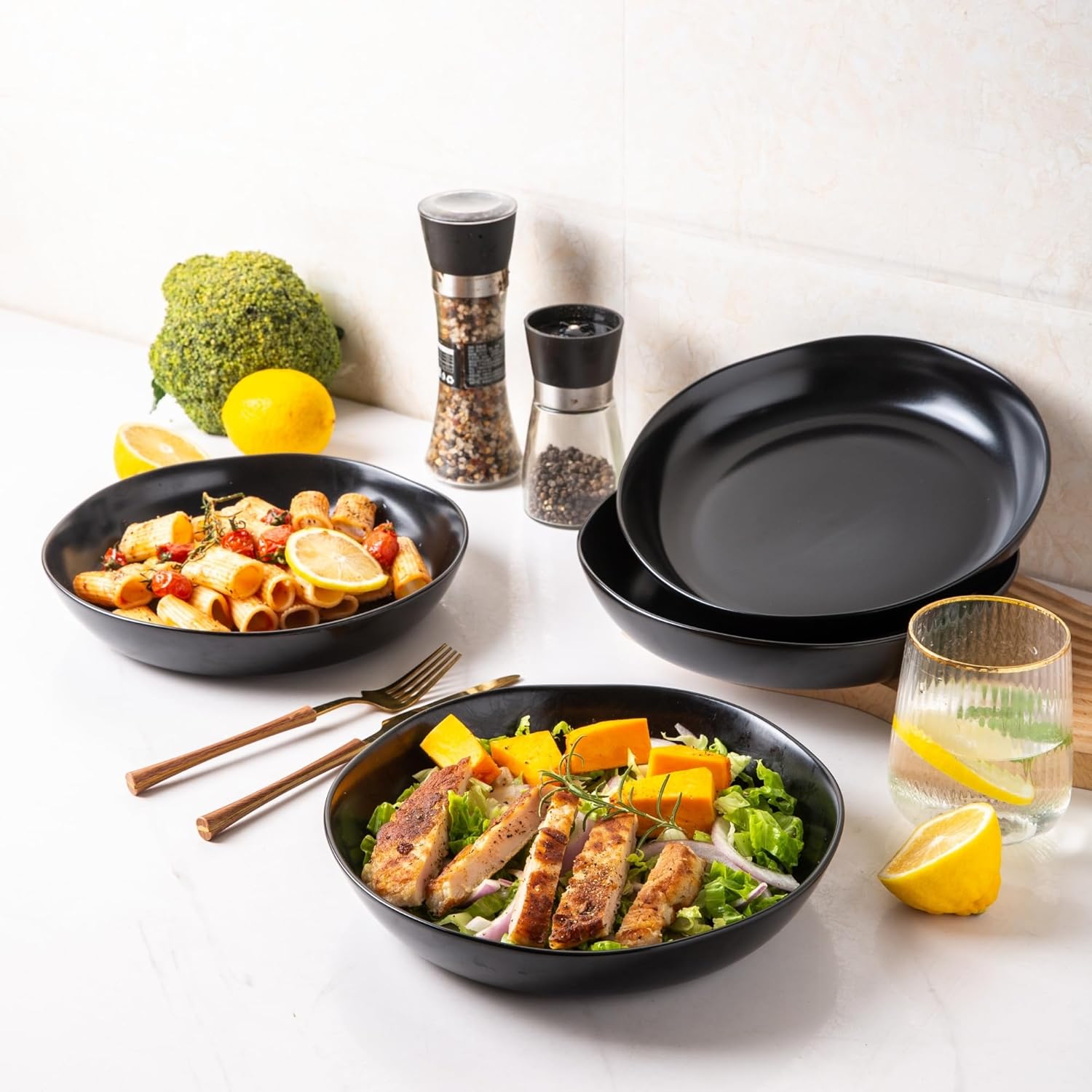 9.75'' Large Ceramic Pasta Bowls, 38oz Stoneware Wide Serving Bowls Set of 6 for Kitchen, Oven, Microwave&Dishwasher Safe Bowls with Wavy Rim for Fruit Pasta Salad Meal, Matte Black