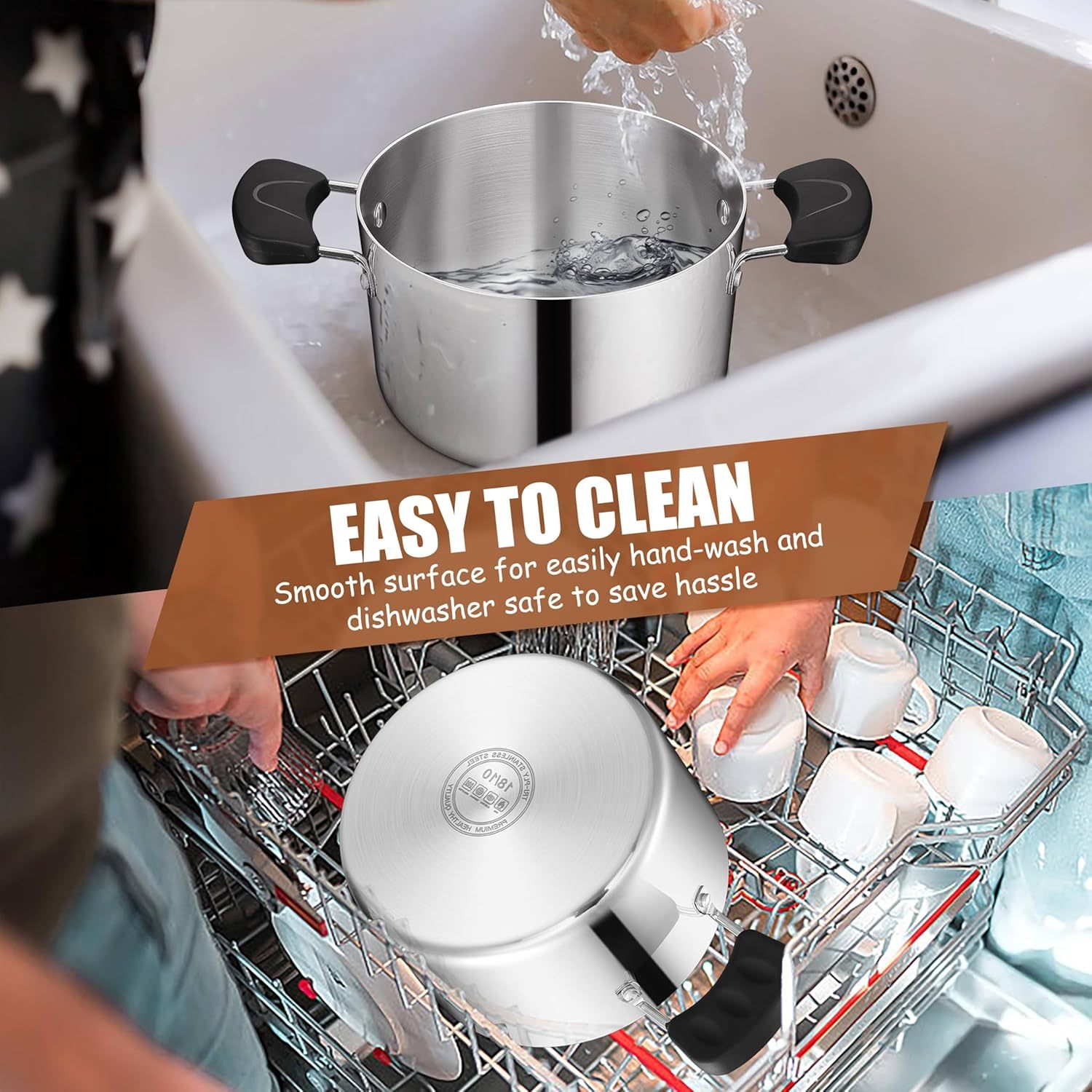 Stainless Steel Tri-ply Pasta Cooking Pot & Glass Lid with Heat-proof Handles, for Cooking Baking Boiling, Non-toxic & Heavy Duty, Various Stovetops & Dishwasher Safe