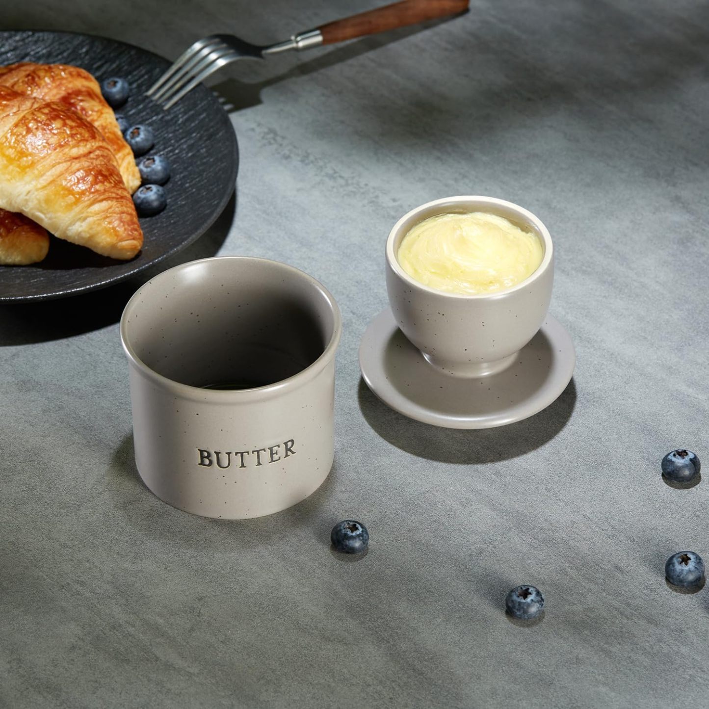 Butter Keeper Dish, French Ceramic Crock For Counter With Lid, Embossed Container, For Soft Butter