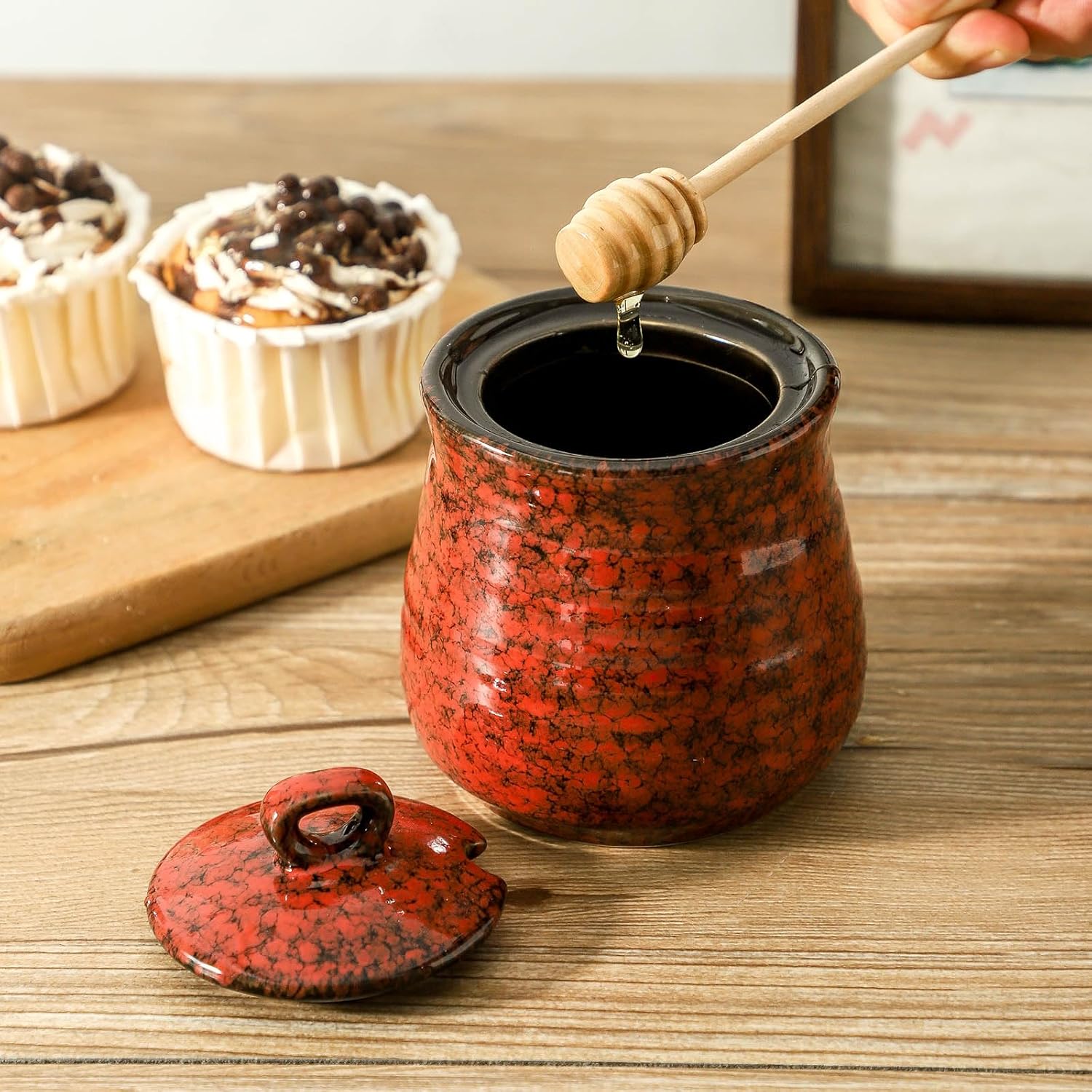 Ceramic Honey Jar and Dipper Set, 12 Ounce Honey Pot with Lid and Wooden Dipper, Porcelain Honey Dipper Stick and Jar Set
