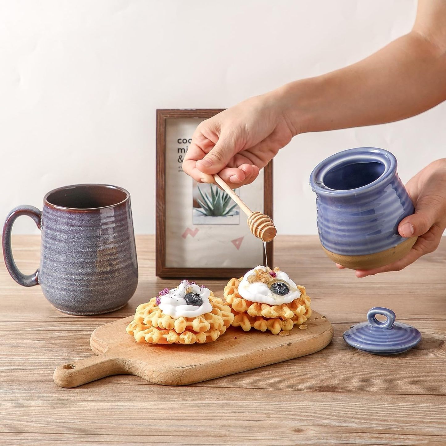 Honey Dipper Stick and Jar Set, Ceramic Honey Pot with Lid and Wooden Dipper, 12 oz Honey Jar for Home Decor