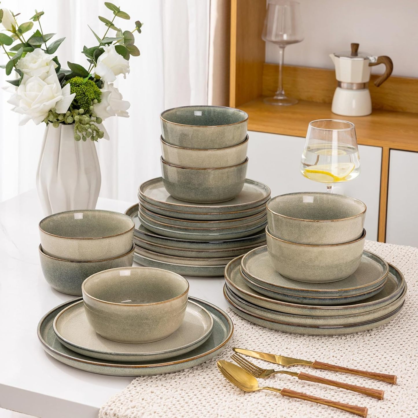 Stoneware Dinnerware Sets,Round Reactive Glaze Ceramic Plates and Bowls Sets,Highly Chip and Crack Resistant | Dishwasher & Microwave Safe,Service for 8 Dishes Set (24pc)