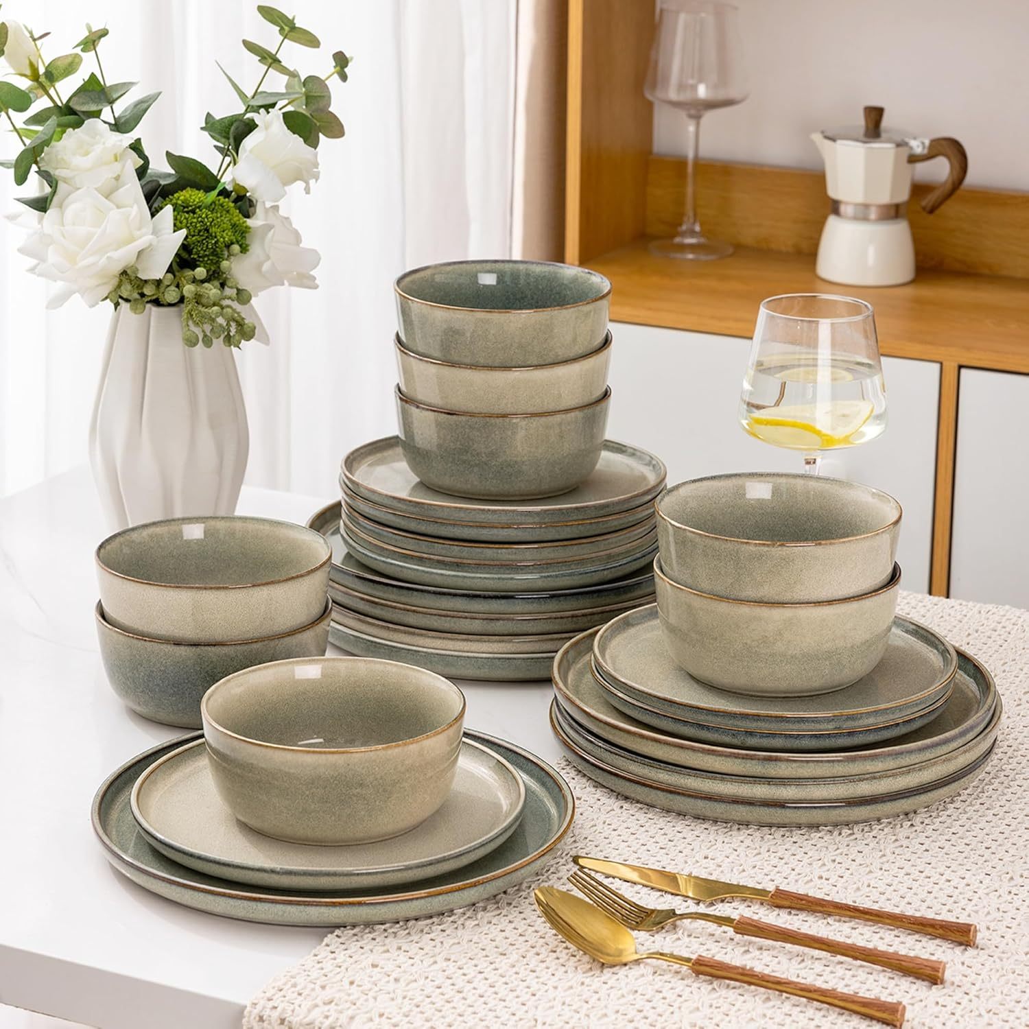 Stoneware Dinnerware Sets,Round Reactive Glaze Ceramic Plates and Bowls Sets,Highly Chip and Crack Resistant | Dishwasher & Microwave Safe,Service for 8 Dishes Set (24pc)