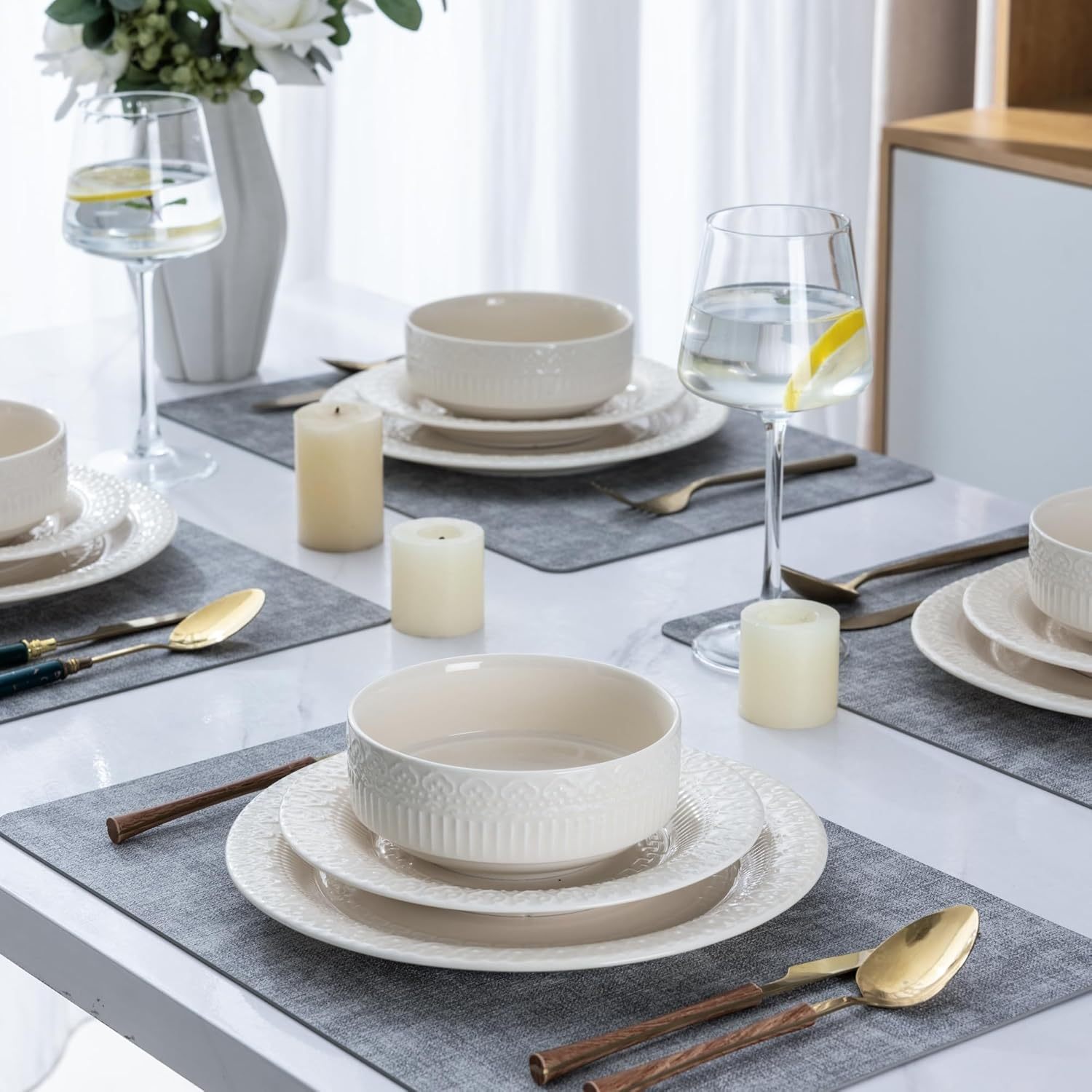 Ceramic Dinnerware Sets for 4, 12 Pieces Plates and Bowls Set with Embossed Royal Pattern, Scratch Resistant Stoneware Dish Sets for Dinner, Oven,Dishwasher & Microwave Safe