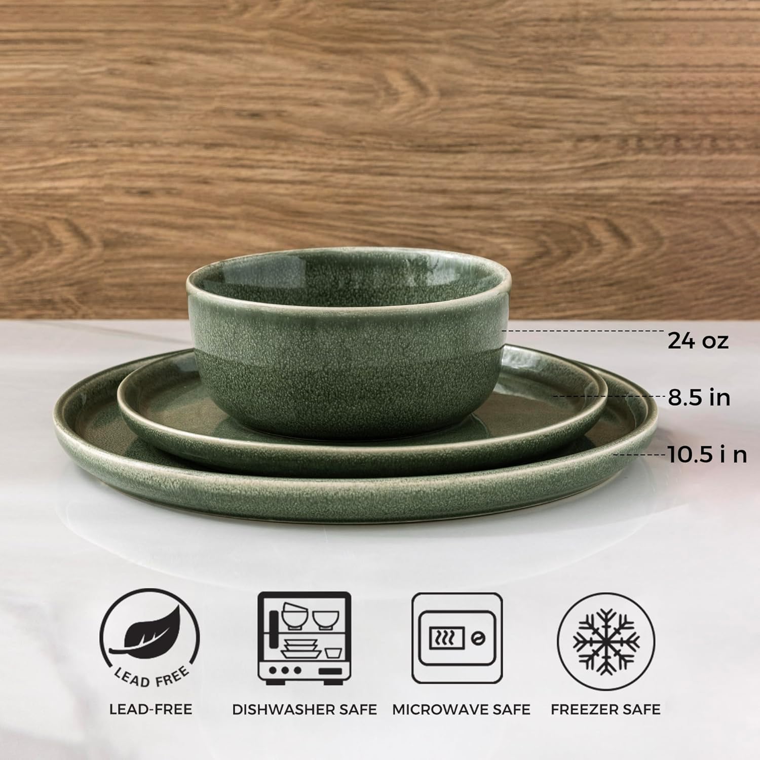 Stoneware Dinnerware Sets,Round Reactive Glaze Ceramic Plates and Bowls Set,Highly Chip and Crack Resistant | Dishwasher & Microwave Safe Dishes,Service for 6 (18pc) Jade Green
