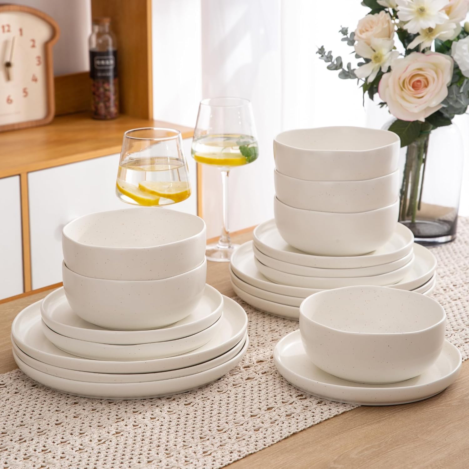 Ceramic Dinnerware Sets, Wavy Rim Stoneware Plates and Bowls Sets, Highly Chip and Crack Resistant | Dishwasher & Microwave & Oven Safe Dishes set, Service for 6 (18pc)-Matte Speckled White