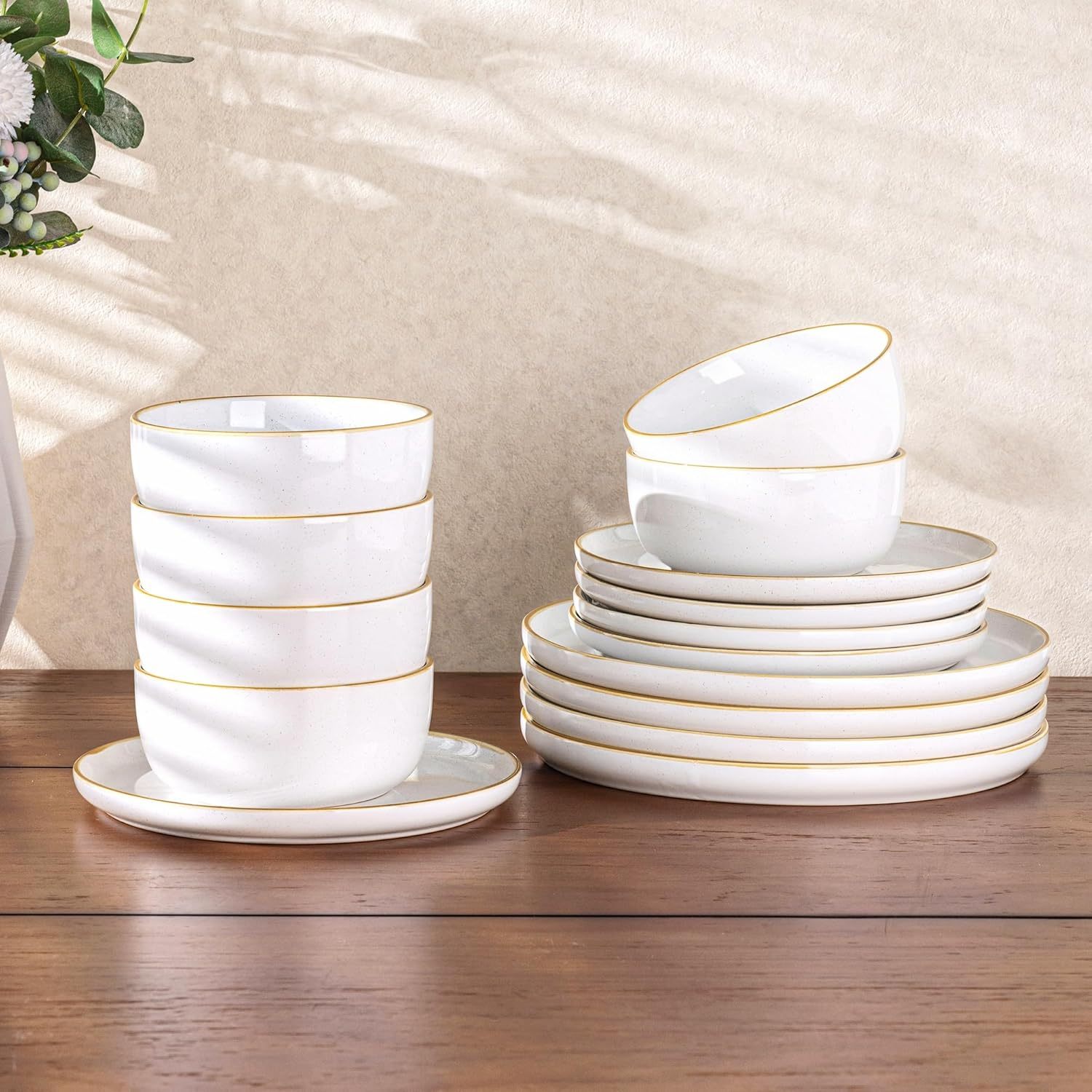 Dinnerware Set, 18 Pieces Ceramic Plates and Bowls Set, Stoneware Plates Set Handpainted, Dishwasher & Microwave Safe Dishes Set (Speckled White, Service for 6)