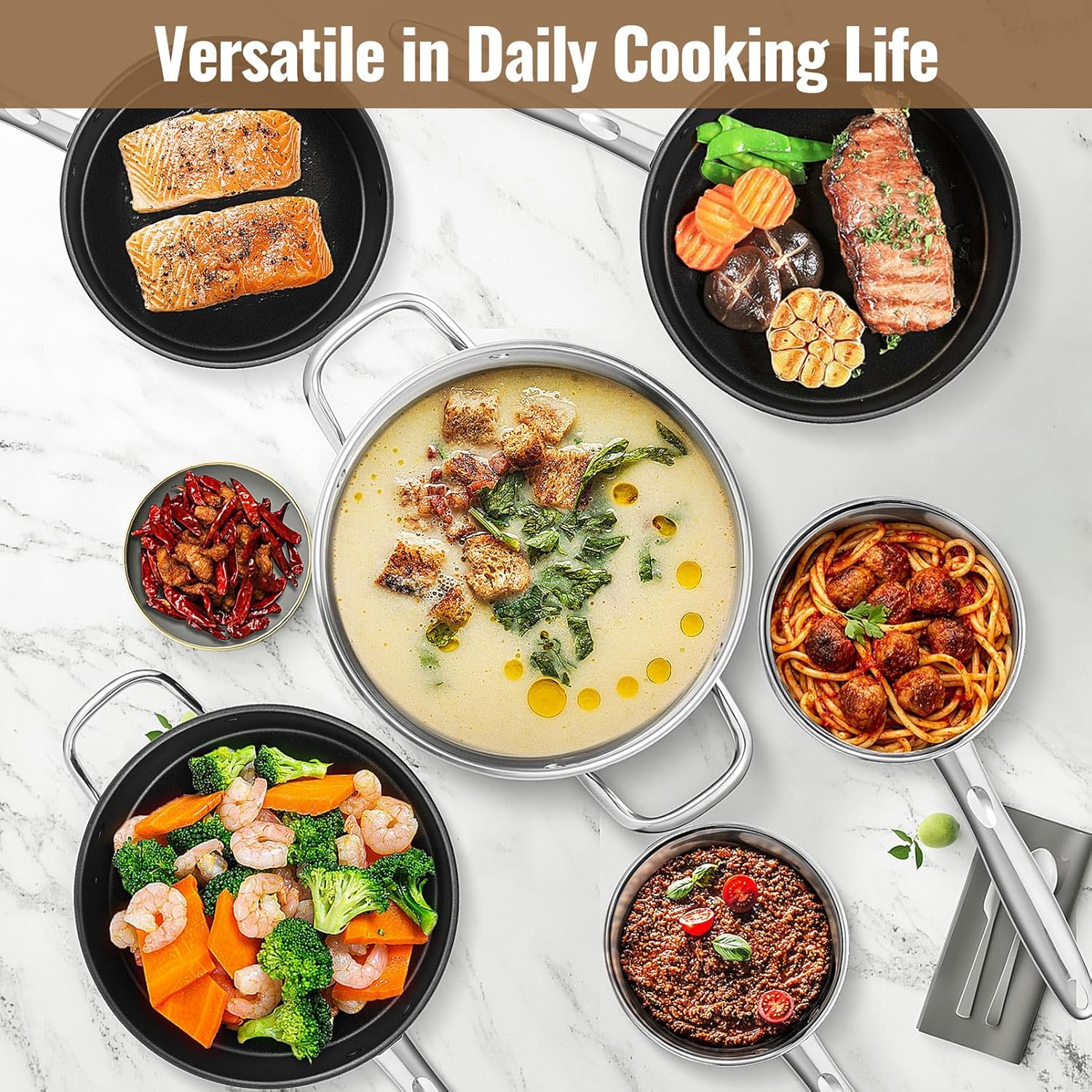 10-Piece Stainless Steel Cookware, Kitchen Cooking Pots and Pans Set w/Stock Pot Saucepan Sauté Pan Frying Pans 6PCS Silicone Cooking Utensils, Induction, Oven, Dishwasher Safe