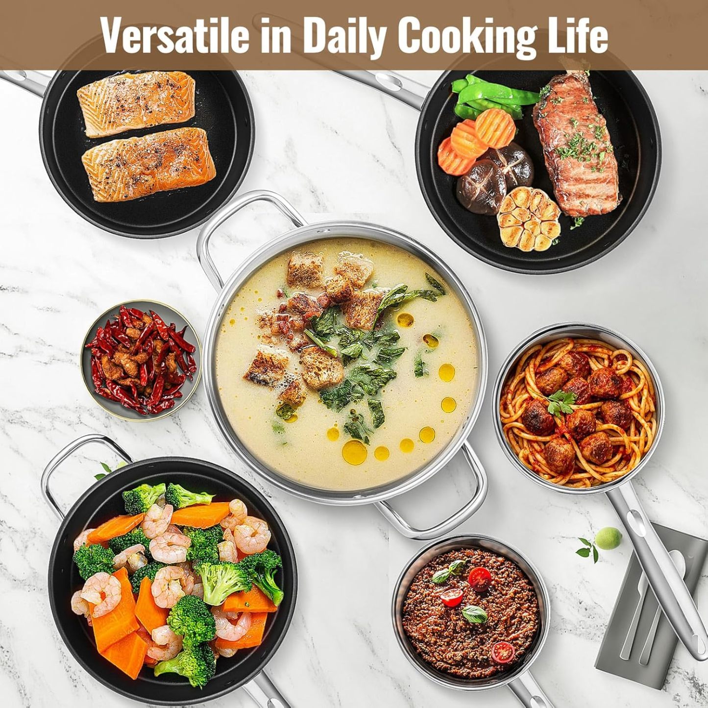 10-Piece Stainless Steel Cookware, Kitchen Cooking Pots and Pans Set w/Stock Pot Saucepan Sauté Pan Frying Pans 6PCS Silicone Cooking Utensils, Induction, Oven, Dishwasher Safe