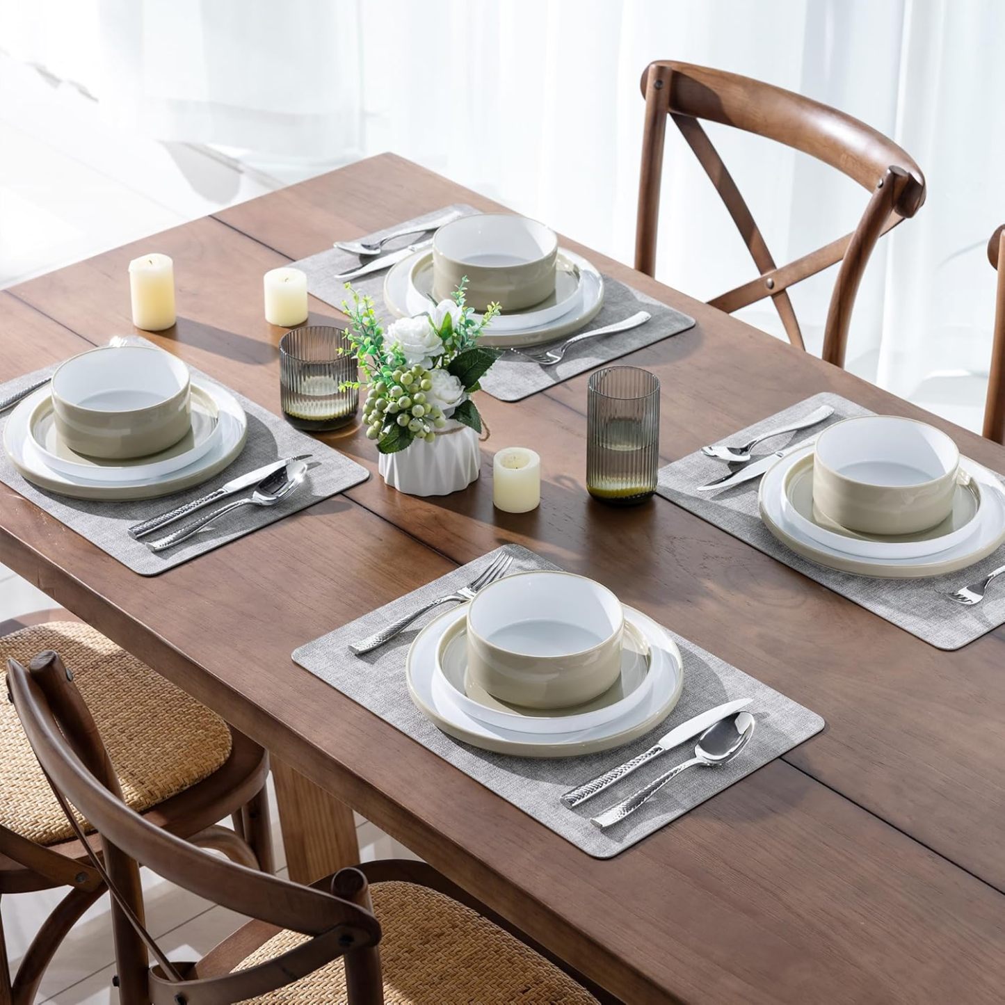 Ceramic Dinnerware Sets for 4, Modern Stoneware Plates and Bowls Sets,Chip and Crack Resistant | Dishwasher & Microwave Safe Ceramic Dishes Set,Service for 4 (12pc)-White&Khaki