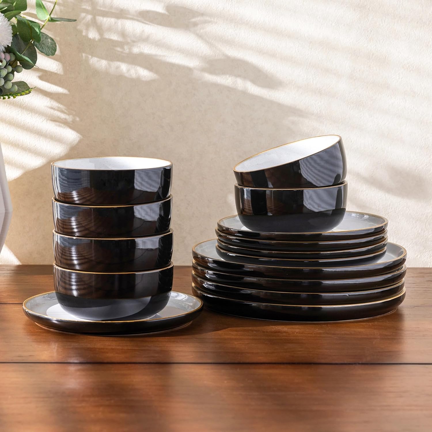 Dinnerware Set, 12 Pieces Ceramic Plates and Bowls Set, Stoneware Plates Set Handpainted, Dishwasher & Microwave Safe Dishes Set (Speckled Black & White, Service for 4)