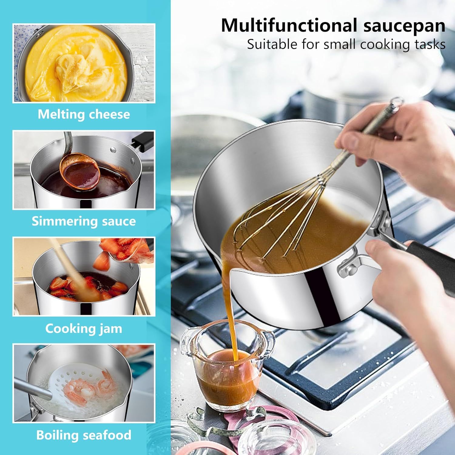 1QT & 2QT Stainless Steel Tri-Ply Milk Sauce Pan with Heatproof Handle for Cooking/Boiling/Braising, Fit for All Stoves