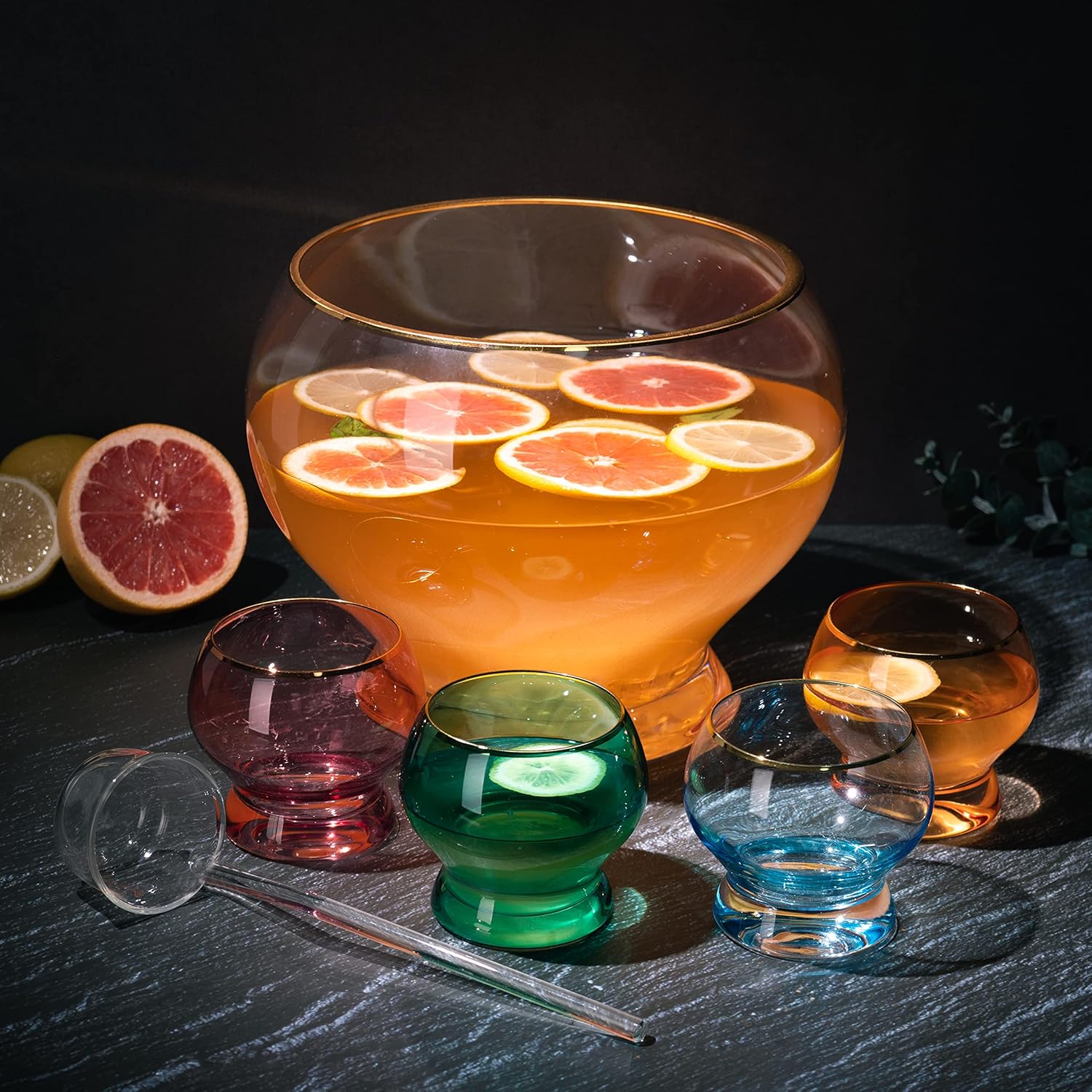 Colorful 1.7 Gallon Punch Bowl with 4 10oz Glasses Set with Ladle Gift