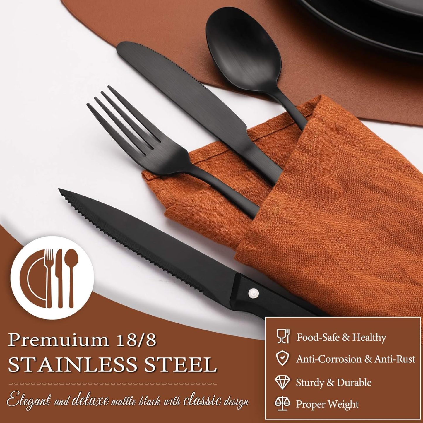 24 Pieces Matte Black Silverware Set with Steak Knives for 4, Stainless Steel Flatware Utensils Set, Hand Wash Recommended