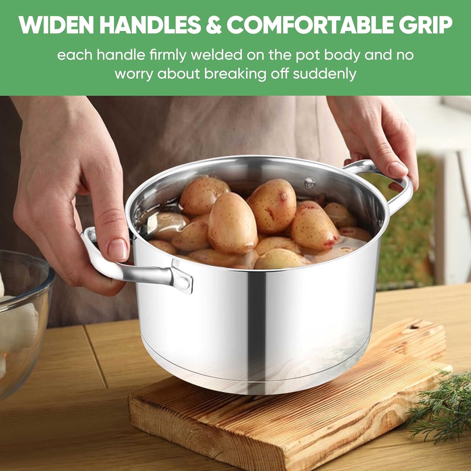 Tri-ply Base Stockpot Cooking Pasta Pot with Lid, for Induction Gas Glass Electric, Healthy & Heavy Duty, Ergonomic Handles & Straight Side, Dishwasher Safe