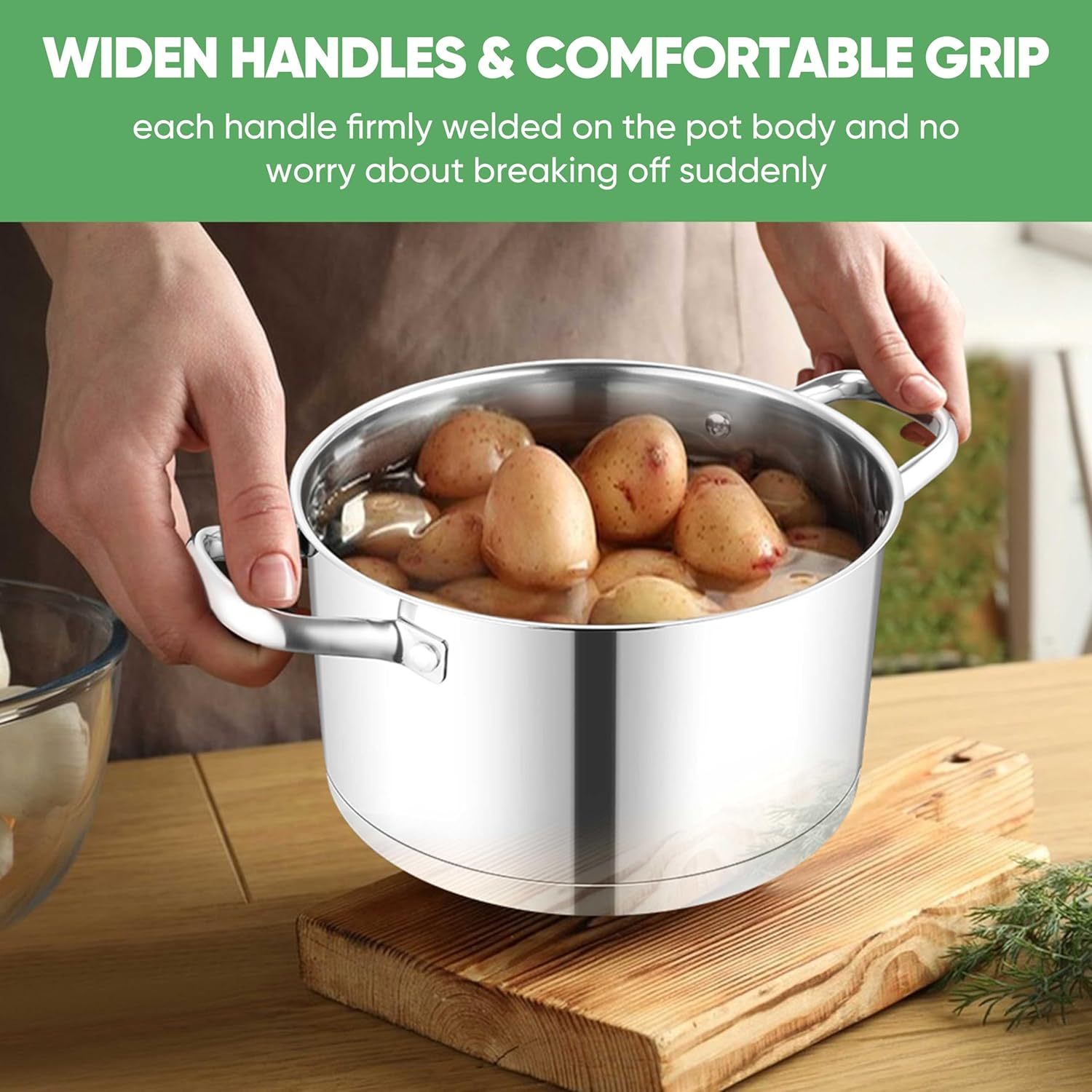 Tri-ply Base Stockpot Cooking Pasta Pot with Lid, for Induction Gas Glass Electric, Healthy & Heavy Duty, Ergonomic Handles & Straight Side, Dishwasher Safe