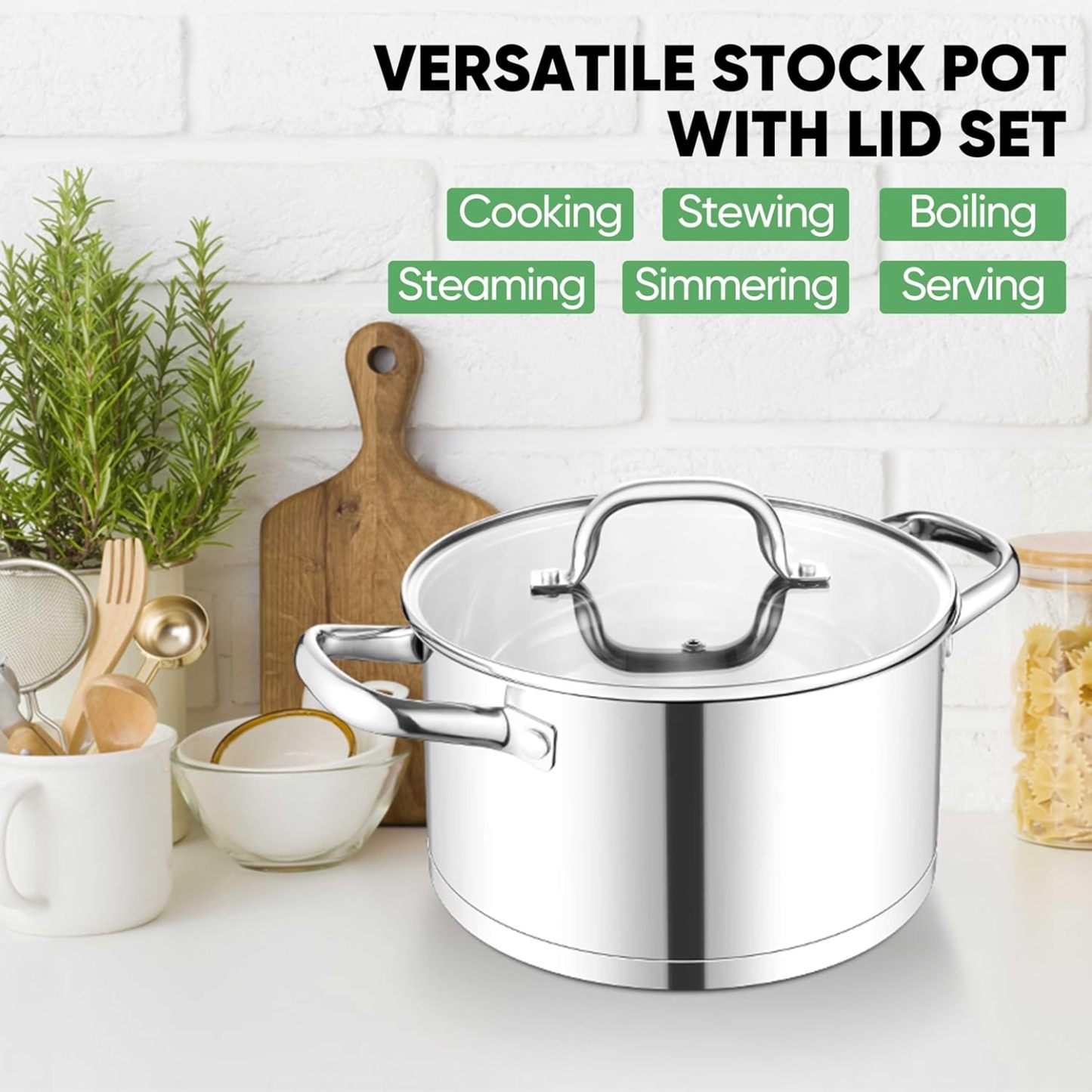 Tri-ply Base Stockpot Cooking Pasta Pot with Lid, for Induction Gas Glass Electric, Healthy & Heavy Duty, Ergonomic Handles & Straight Side, Dishwasher Safe
